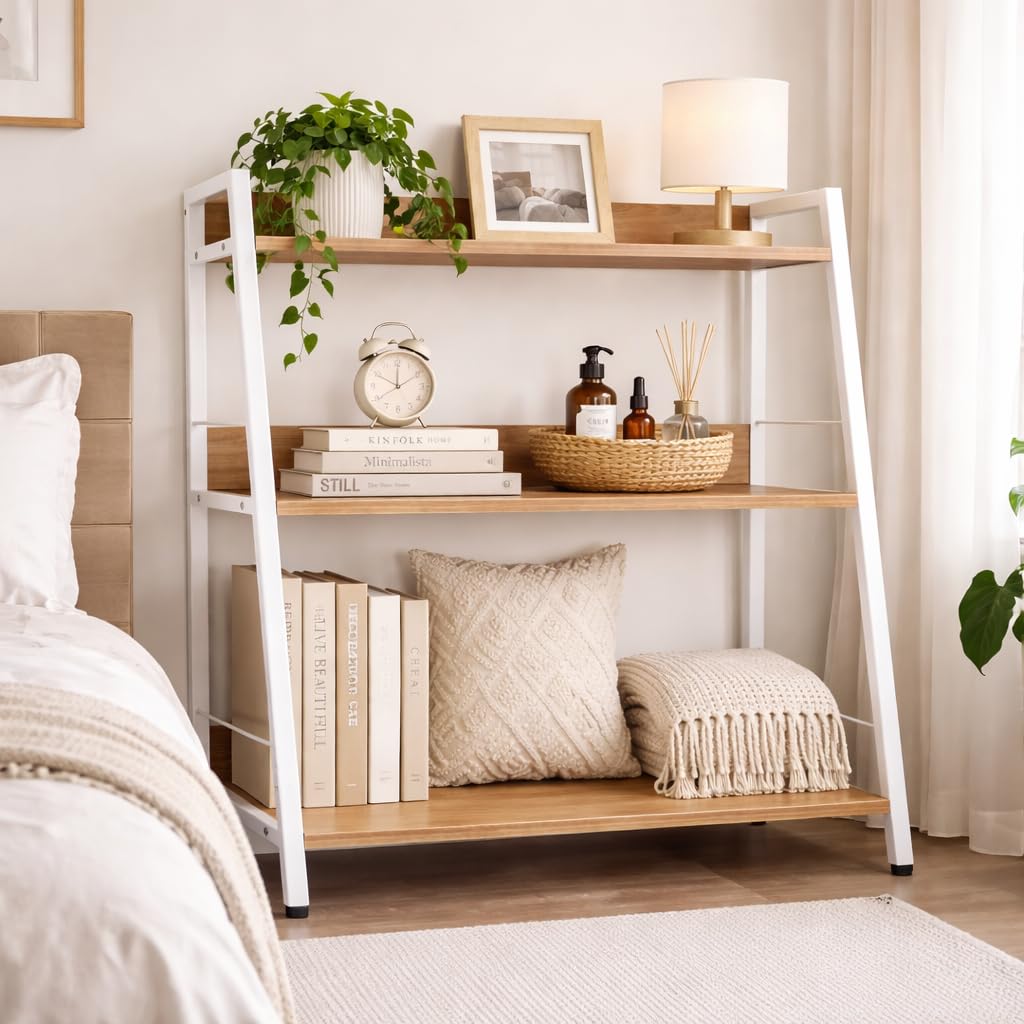 YCICI 3 Tier Bookshelf, Small Bookshelf for Small Spaces, Wood and Metal Bookcase, Open Shelf Organizer, Modern Storage Shelf for Living Room and Office (White, Ladder)