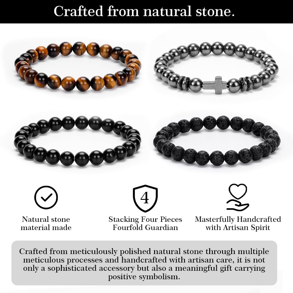 Crystery Men Beaded Bracelets, 8mm Natural Stone Bracelet, Healing Crystal, Jewelry Gifts for men, Triple Protection, Hematite, Tiger Eye, Black Obsidian Beads Bracelets, Lava Rock, Pack of 4