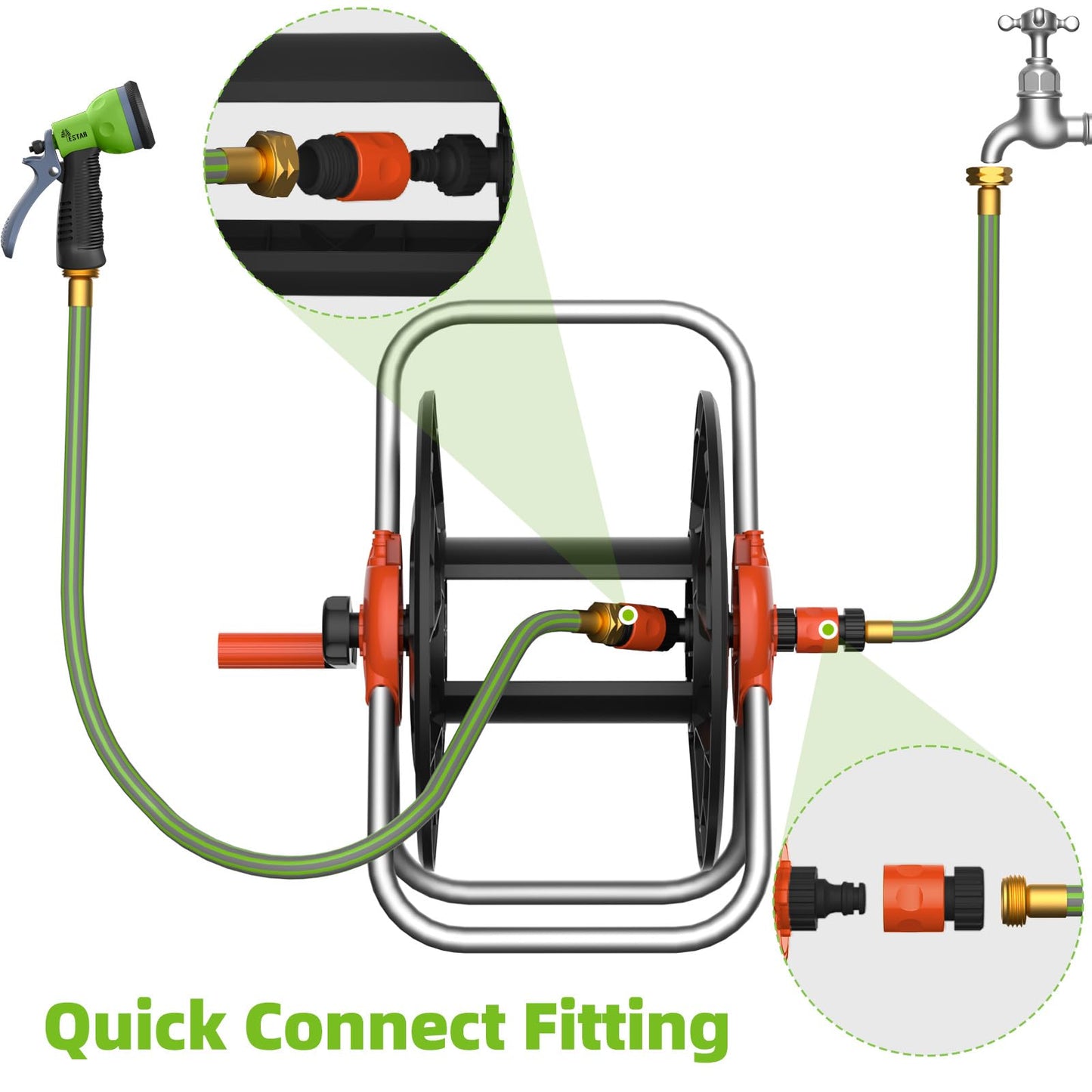 YESTAR Water Hose Reel Cart, Holds 60-80 Ft of 5/8 Inch Hose, Orange Wall Mounted Garden Hose Cart, Portable Hose Reel for Convenient Storage and Watering