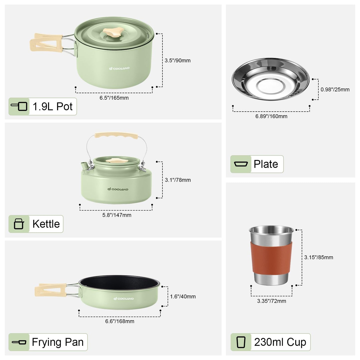 Odoland 15pcs Camping Cookware Mess Kit, Non-Stick Lightweight Pot Pan Kettle Set with Stainless Steel Cups Plates Forks Knives Spoons for Camping, Backpacking, Outdoor Cooking and Picnic