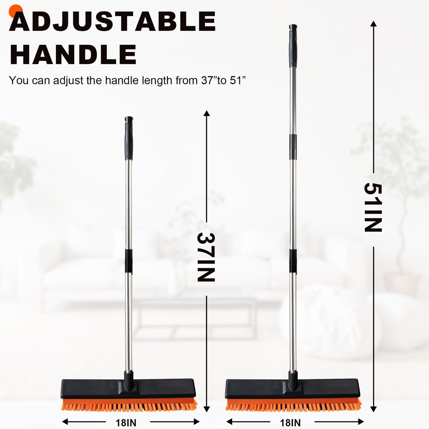 18" Push Broom Outdoor with Rubber Squeegee,Heavy Duty Broom Brush with Handle,Stiff Bristles for Patios and Deck Dirt Garage Warehouse Driveway Concrete Floor Cleaning Scrubbing