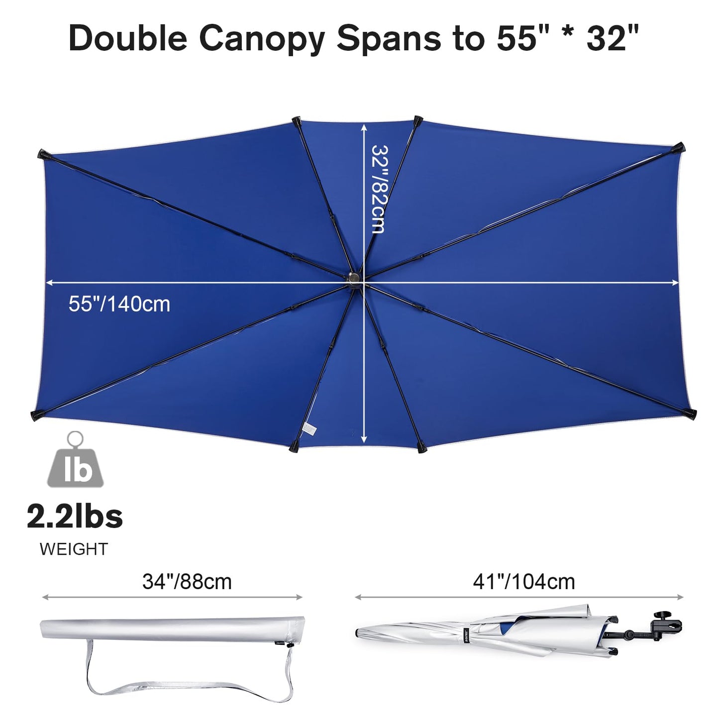 G4Free Double Chair Umbrella for 2 People with Adjustable Clamp, Sun Umbrella for Beach Chair, Reclining Lounge Chair (Blue)