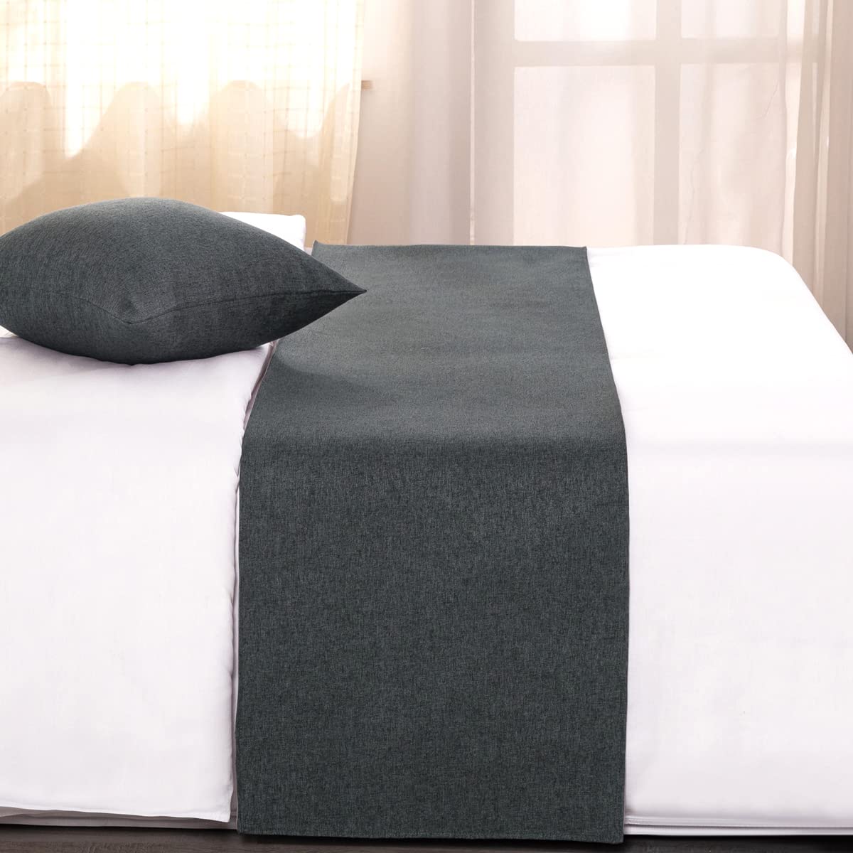 AMBERIS Bed Runner Dark Grey, Imitation Linen Decorative Bed Scarf for Home Hotel (Pillowcases Sold Separately)