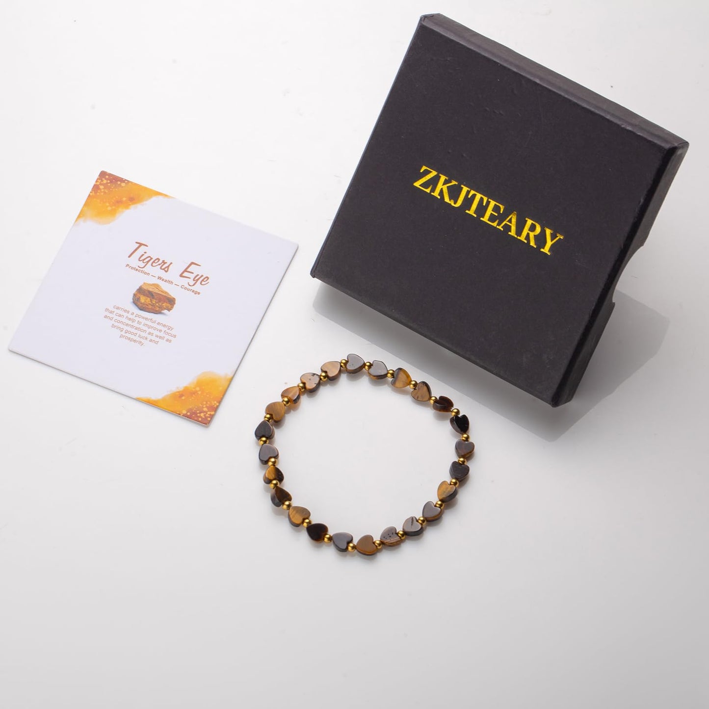 ZKJTEARY Heart Tiger Eye bracelet for Women Men 18k gold plated Beads Brown Natural Stone Healing Real Crystal Stretch bracelet Gemstone bracelets Tiger eye Jewelry for Women Men Mom Girlfriend