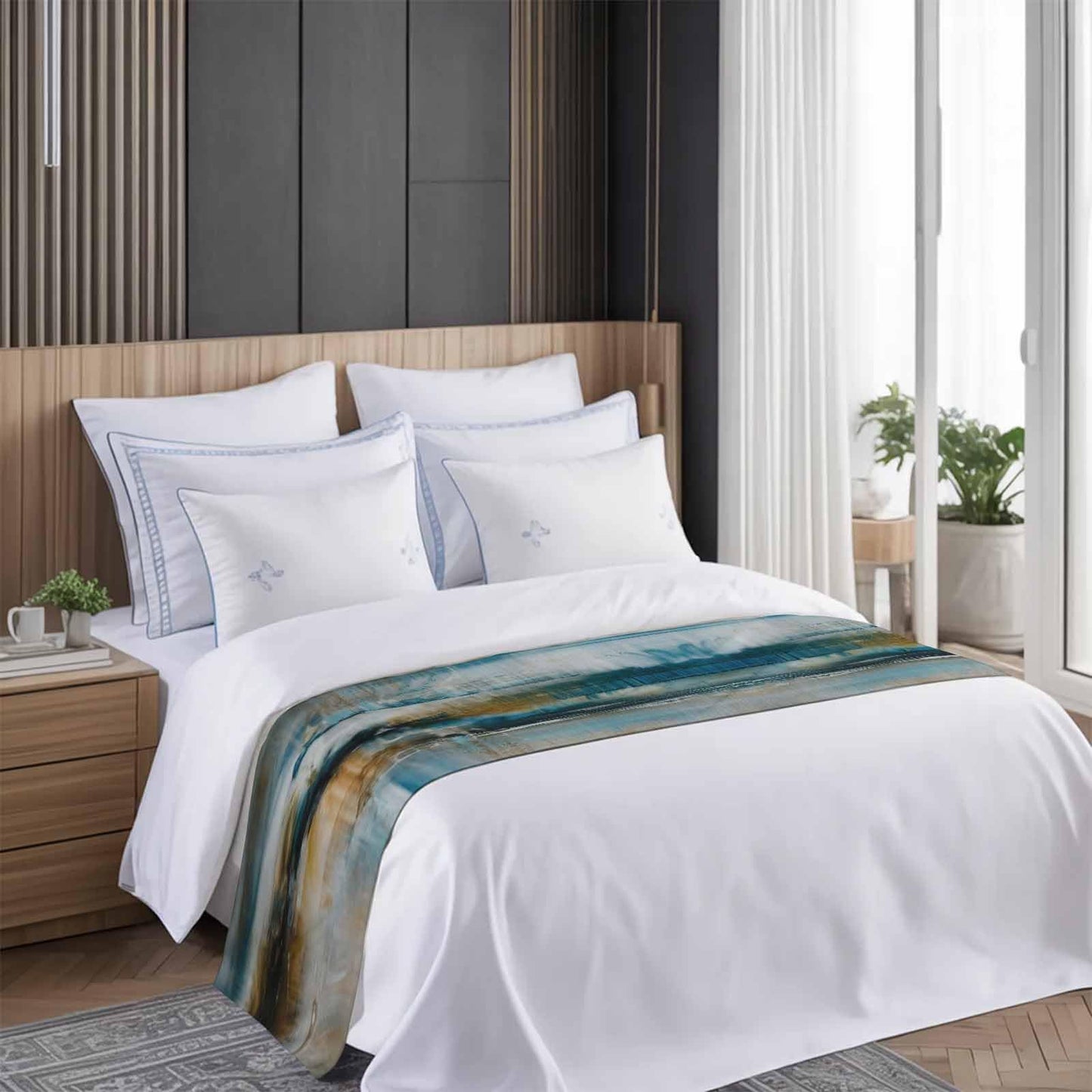 ZFUNCING Abstract Mottled Turquoise Green Gray Art Bed Runners for Bedroom Hotel,Decorative Bedding Scarf Retro Painting Bed End Blanket Bedding Runner Scarves for Queen Size Bed,94x20in