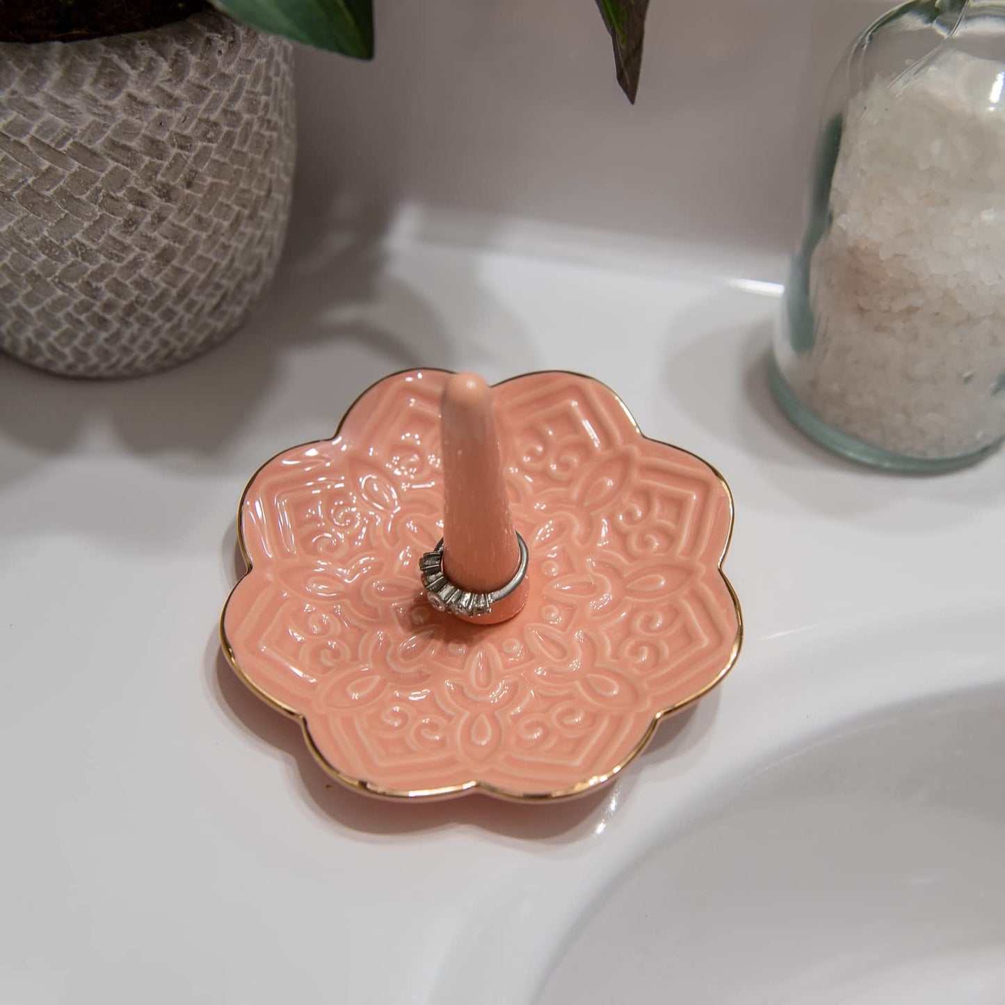 RUIMIC Ceramic Pink Mandala Jewelry Holder Decorative Ring Holder/Trinket Tray Valentine's Day Engagement Wedding Birthday Gifts for Women Her