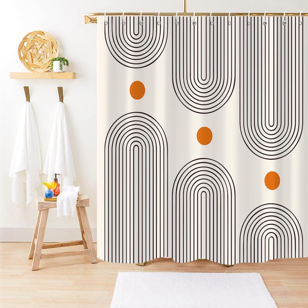 GKLEASG Boho Mid Century Shower Curtain, Minimalist Abstract Arch Simple Sun Modern Machine Washable Waterproof for Bathroom Decor Bathtub with 12 Hooks 72x72