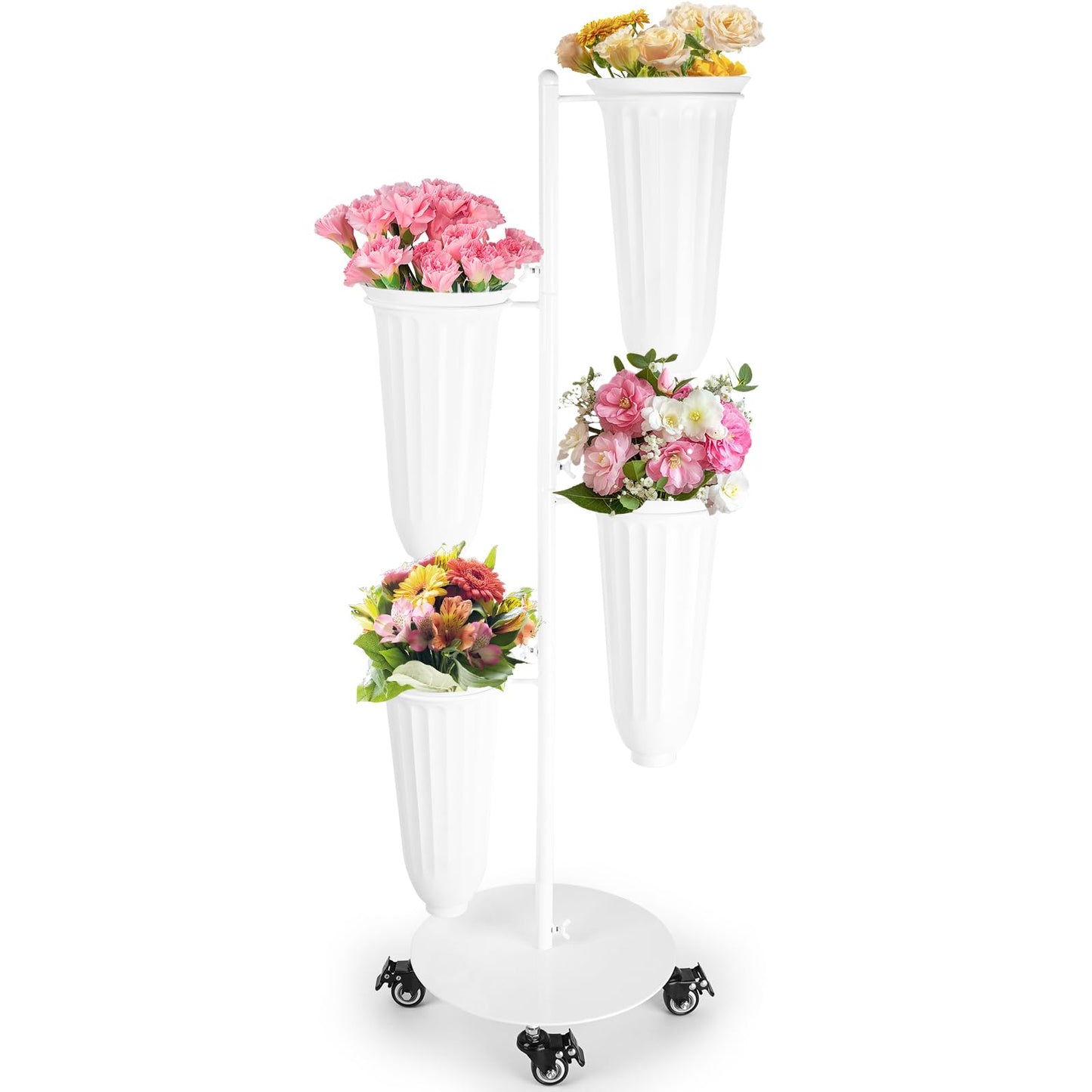 LEALIBAUSS Metal Flower Bar Stand With 4 Buckets Flower Cart Display Stand with Wheels Floral Bar for Wedding,Garden Events Party Decor (WHITE)