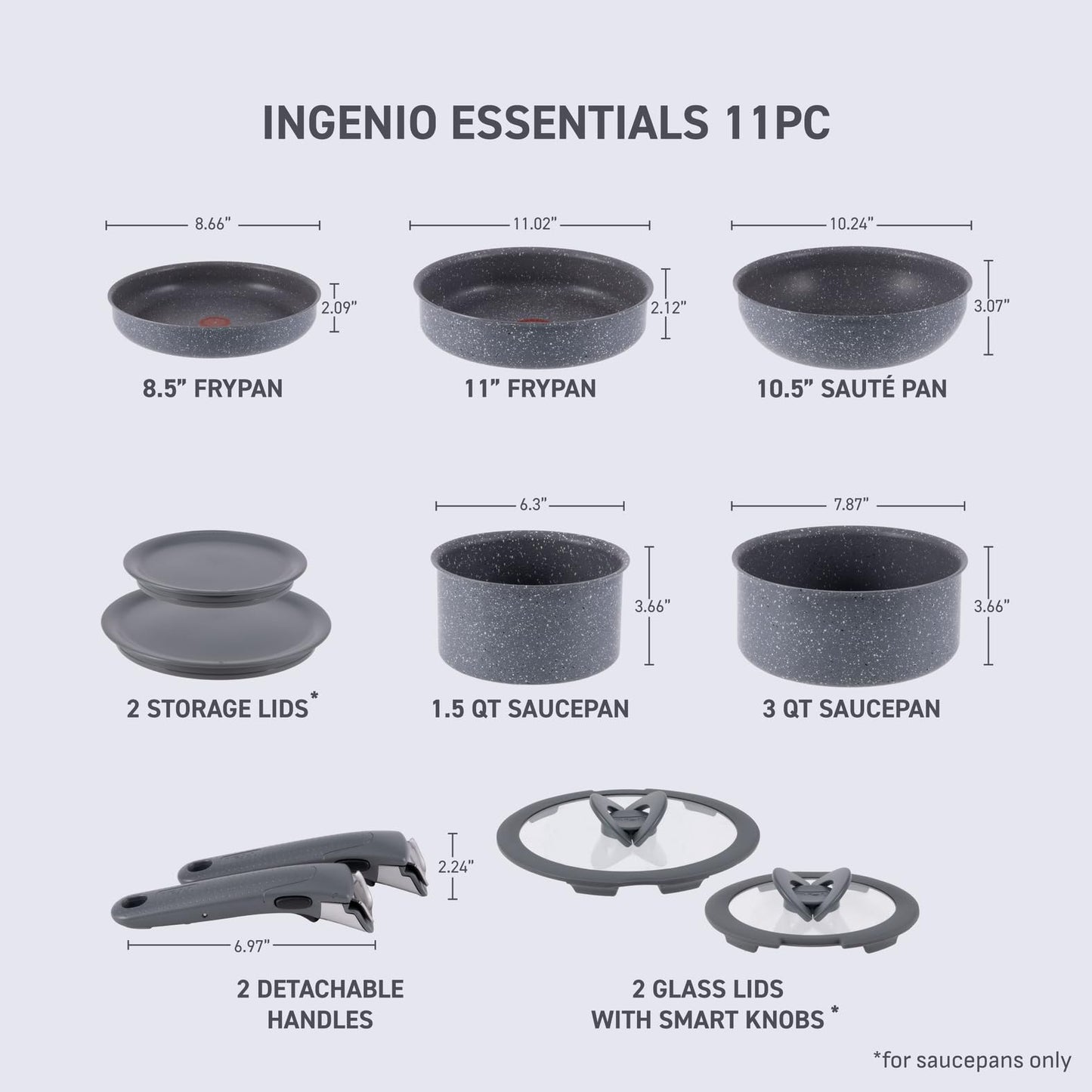 T-fal Ingenio Essentials Cookware Set with Detachable/Removable Handle 11 Piece, Granite Titanium Non Stick, Oven Broiler Safe 500F, Stackable, Pots and Pans Set, Frying Pans, Dishwasher Safe, Gray
