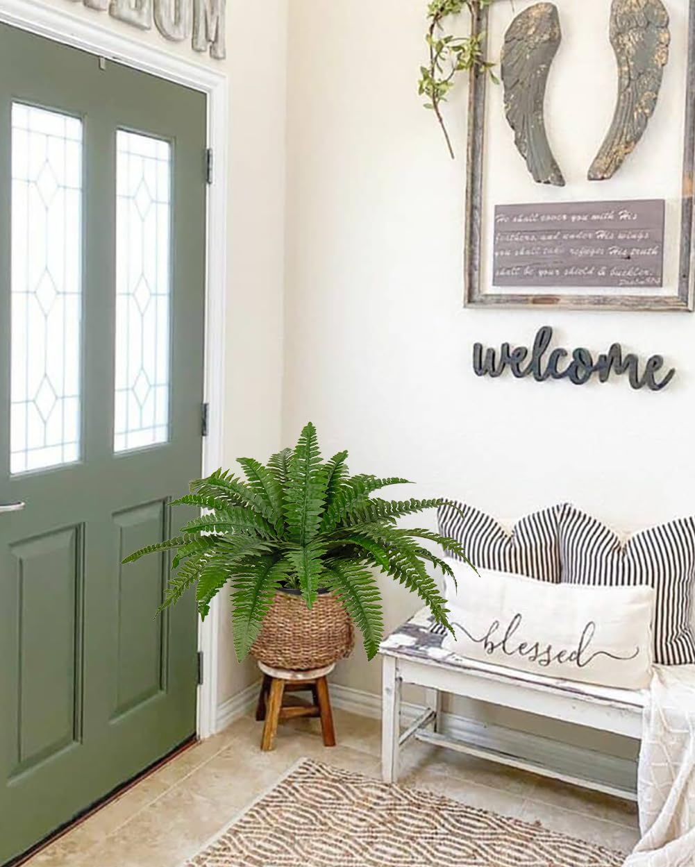 Hollyone 17.7" Fake Fern Potted Plant Small Artificial Boston Ferns in Pot 25 Leaves for Outdoors & Indoor Faux Fern Bush Plant for Patio Garden Farmhouse Windowsill Office Living Room Home Decor