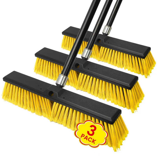 TOMAIX 24 Inches Push Broom Outdoor，Commercial Broom Brush，Stiff Bristle Brush with 61.8 inches Long Handle for Patio Garage Deck Street Shop Warehouse Lawn Driveway -3 Pack