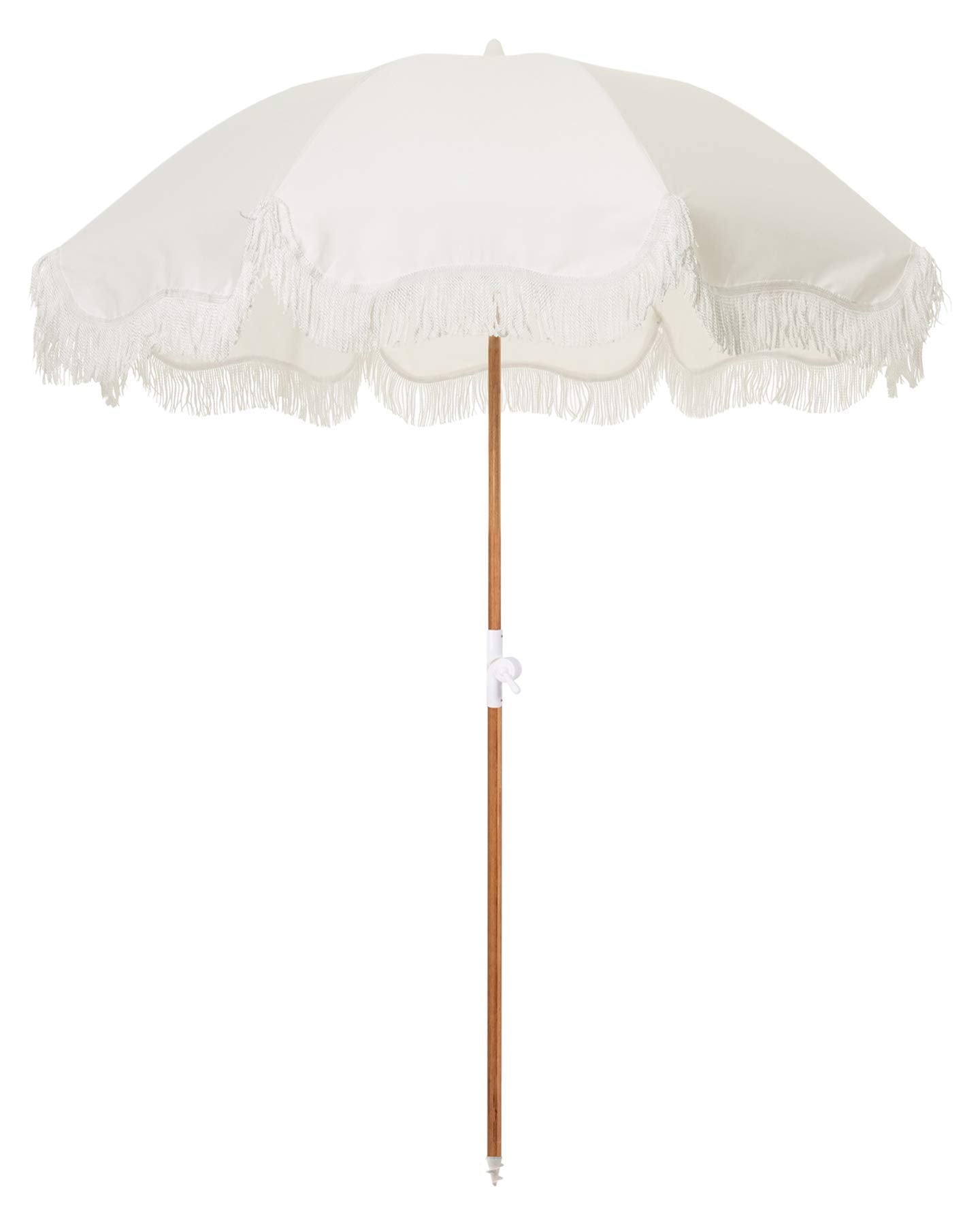 Business & Pleasure Co. Holiday Umbrella - Boho Beach Umbrella with White Fringe, UPF 50+, 1" Tilting Wood Pole, 5’ x 6.5’, Antique White