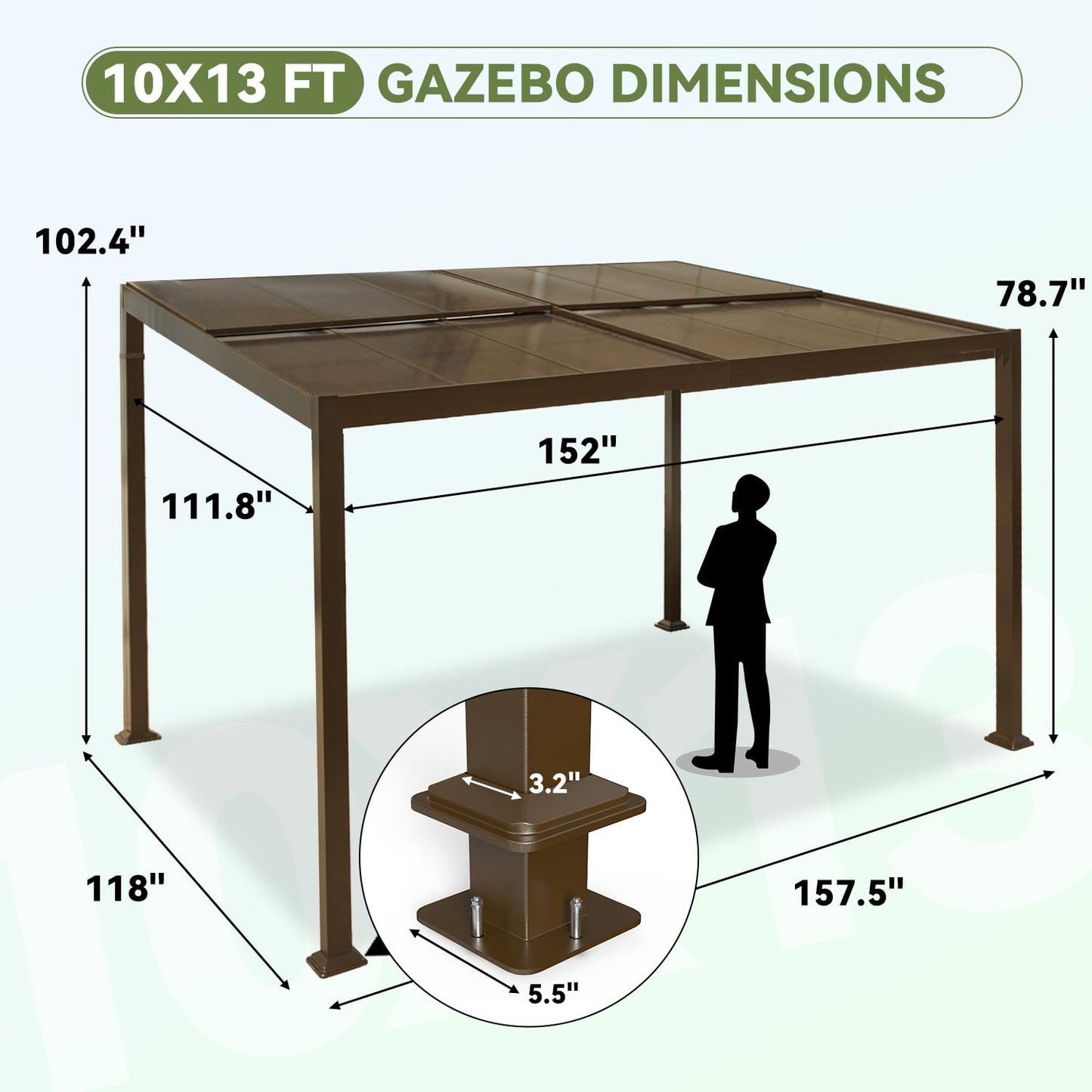 HOMMOW Gazebo 10’x13‘ with Adjustable Polycarbonate Roofs, All Aluminum Frame Permanent Pergola for Patio, Outdoor Freestanding Shelter, Dark Brown