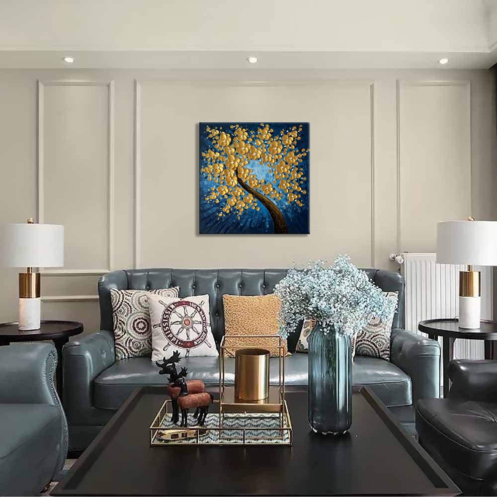 zoinart Hand Paintings 3D Flower Canvas Wall Art 24x24 Inches Abstract Gold Floral Paintings Modern Contemporary Texture Wall Art Tree Blue Artwork for Home Decorations