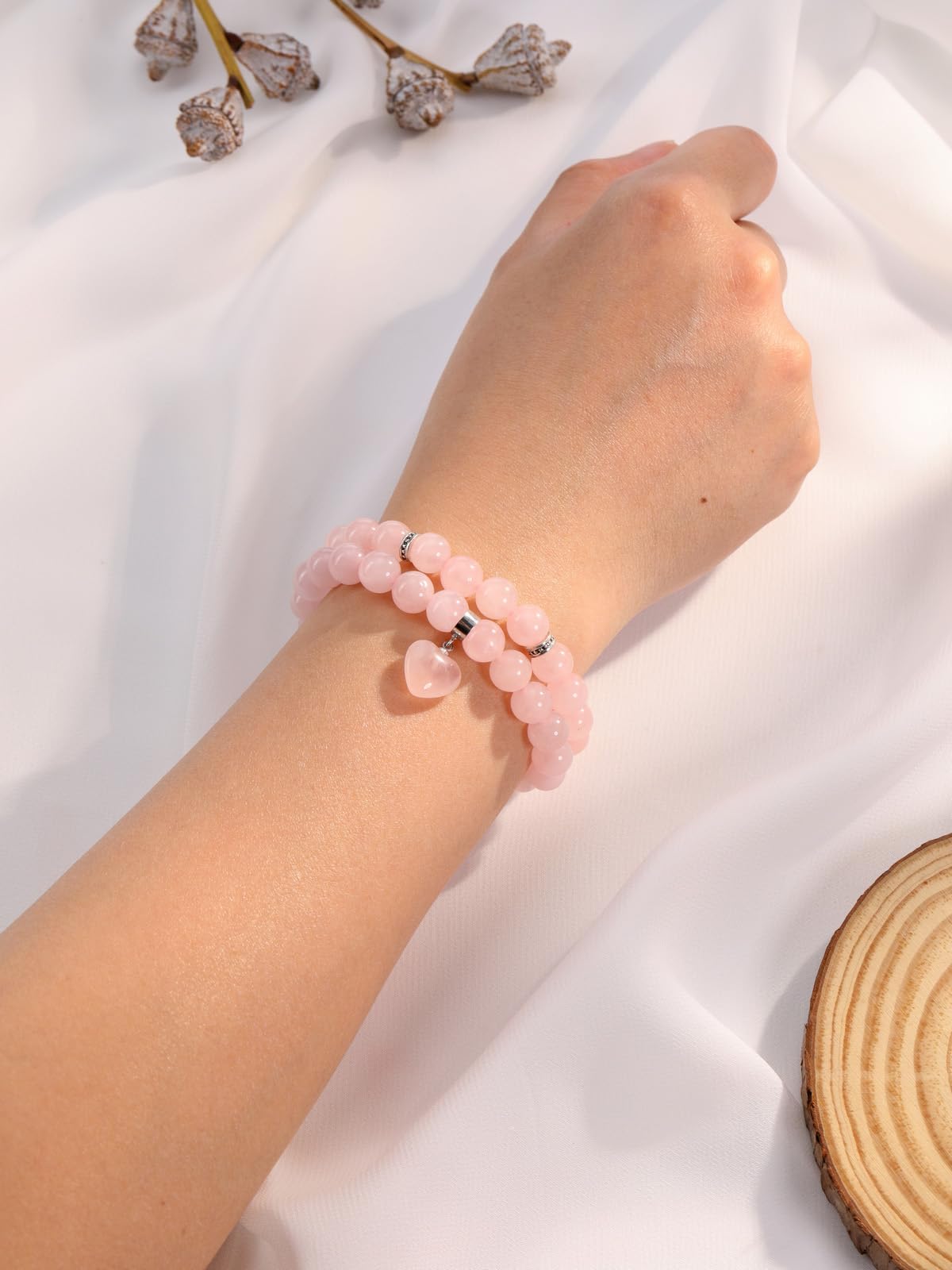MANIFO 2pcs Rose Quartz Heart Crystal Bracelet for Women Crystal Bracelet Set Gemstone Beads Bracelets Jewellery Gifts for Birthday Valentines Christmas