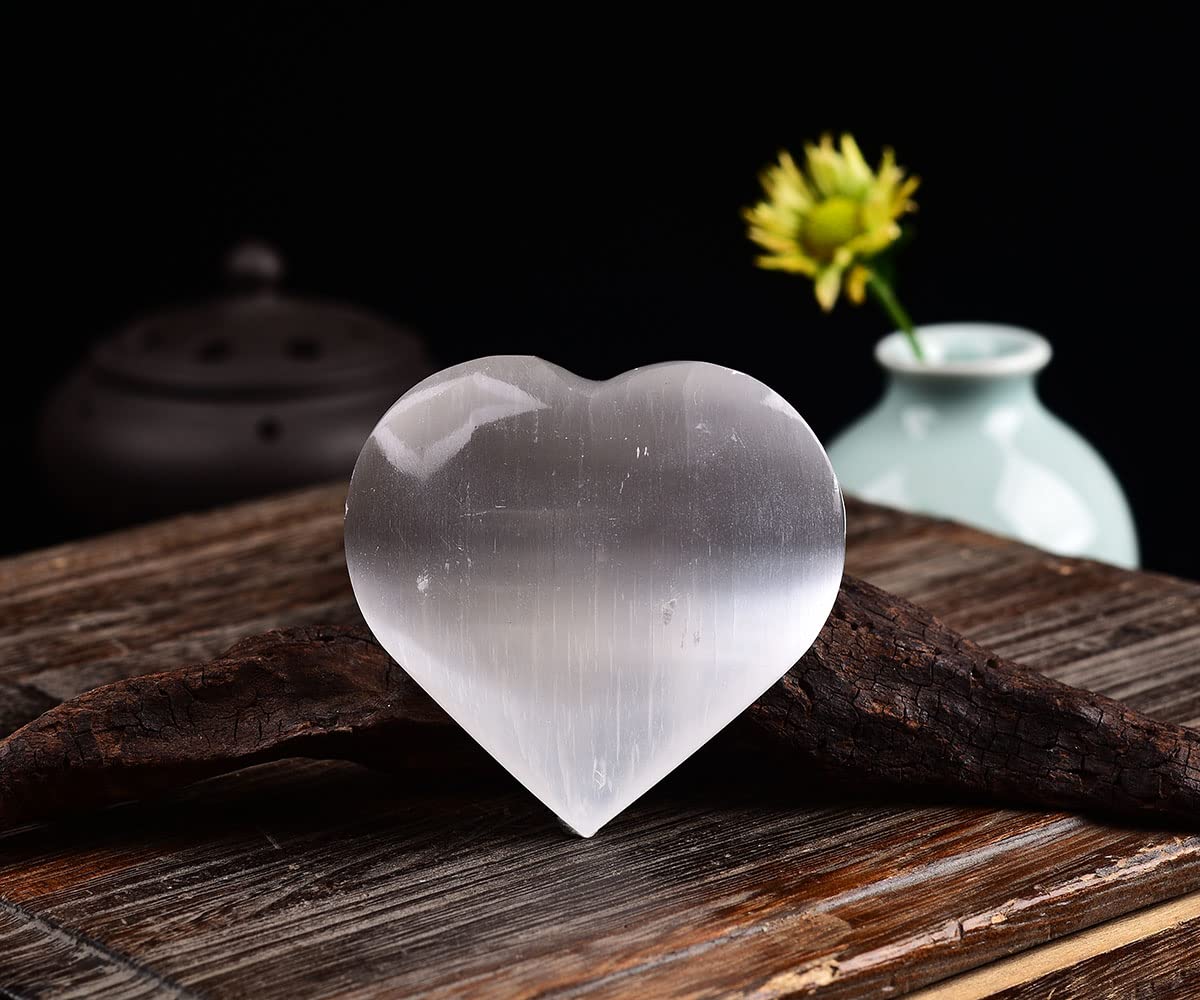 JIC Gem Selenite Heart 2 Inch(60mm) Love Palm Worry Stone Crystals and Healing Stones with Free Display Holder and Gift Box Home Decoration
