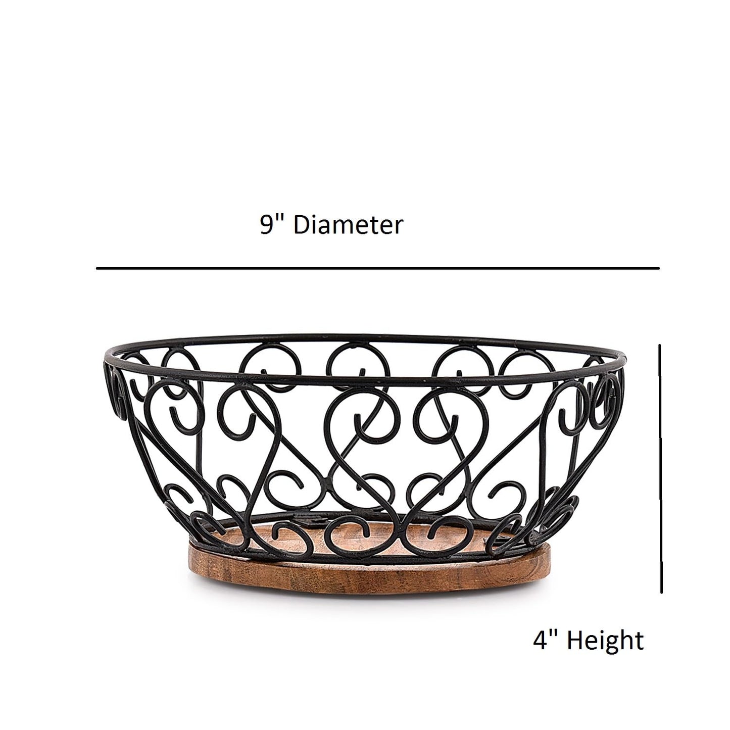 EDHAS Iron Fruit Bowl With Wooden Base for Kitchen Countertop & Dining Room and Pantries (9" x 9" x 4")