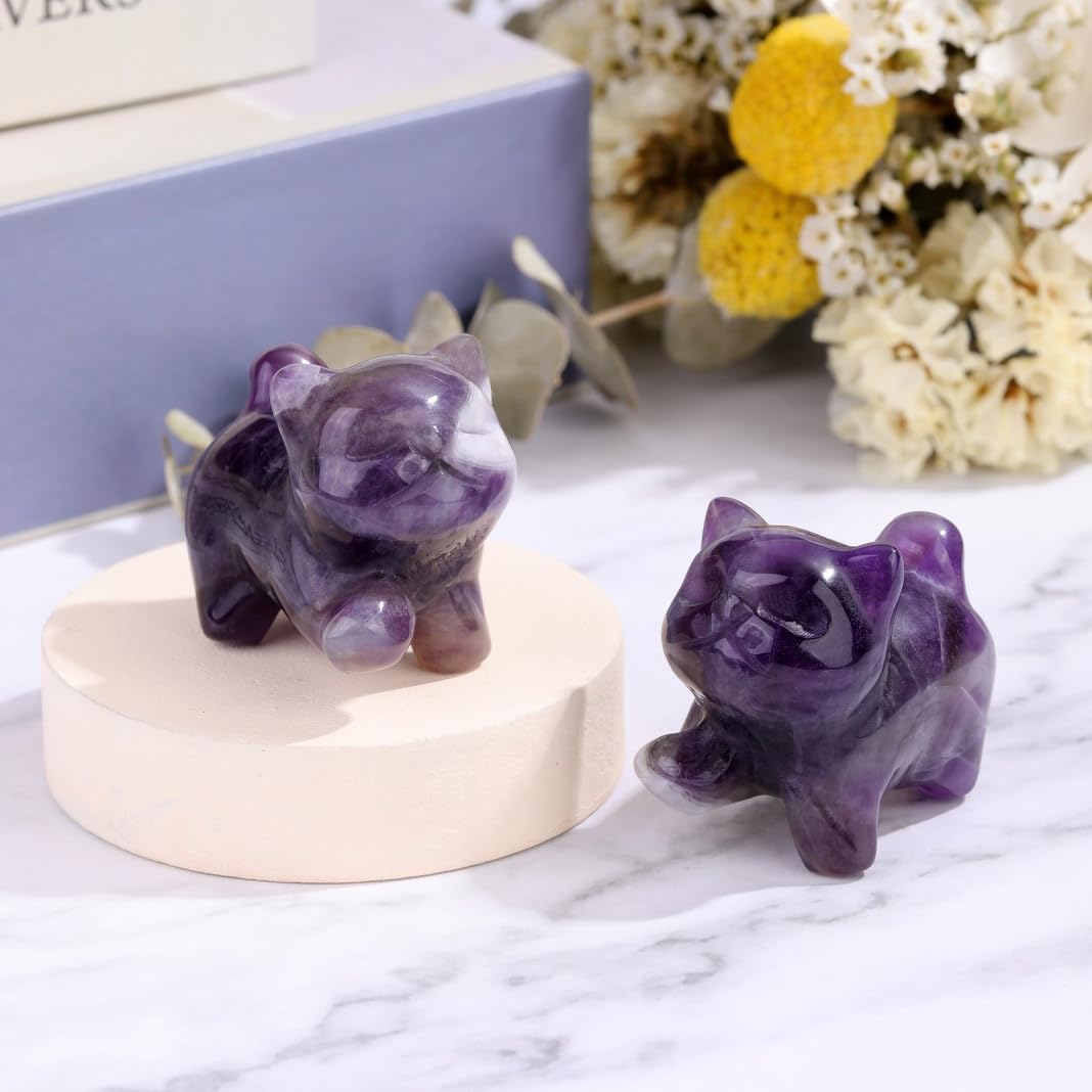 Top Plaza Amethyst Crystal Cute Cat Figurine Gifts Carved Healing Lucky Home Decor Natural Gemstone Cats Collectibles Pocket Sculpture for Cat Lovers