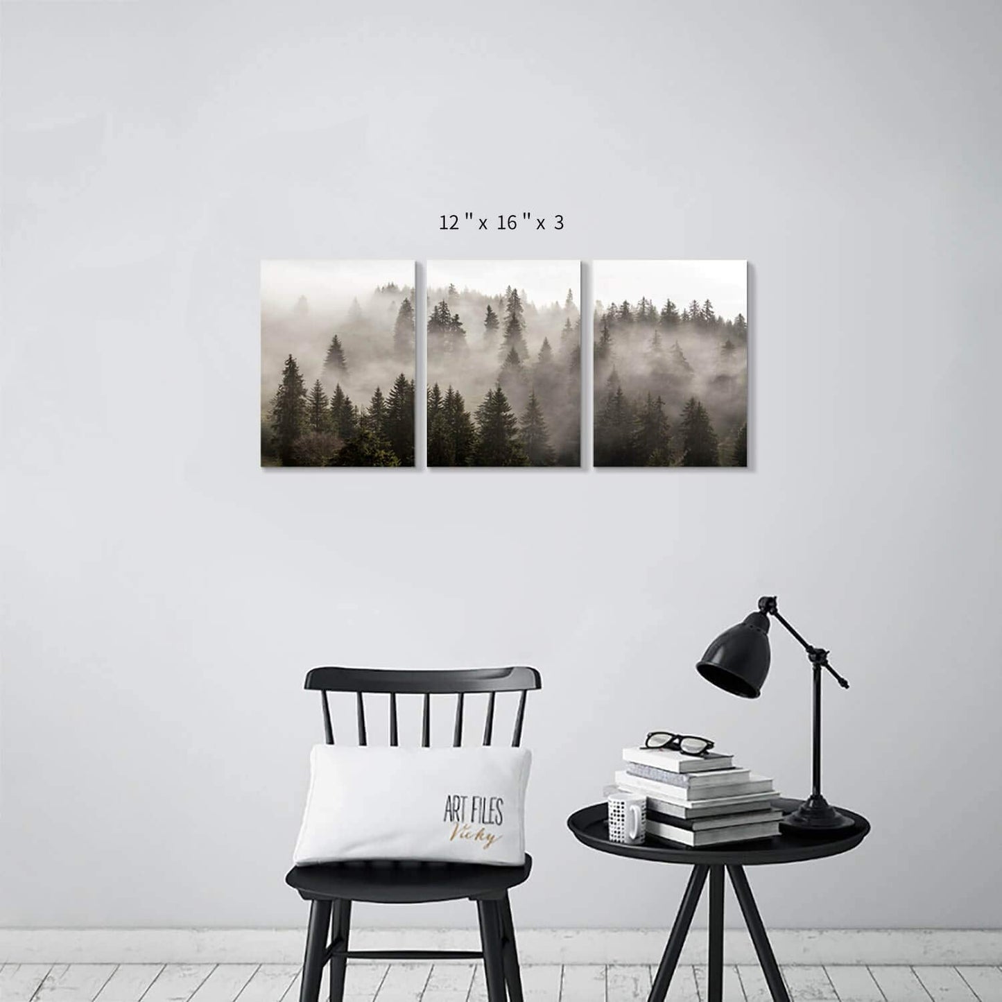 Foggy Forest Picture Wall Art: Landscape Painting Misty Pine Trees Artwork Print on Canvas for Kids Rooms(16"x12"x3pcs)