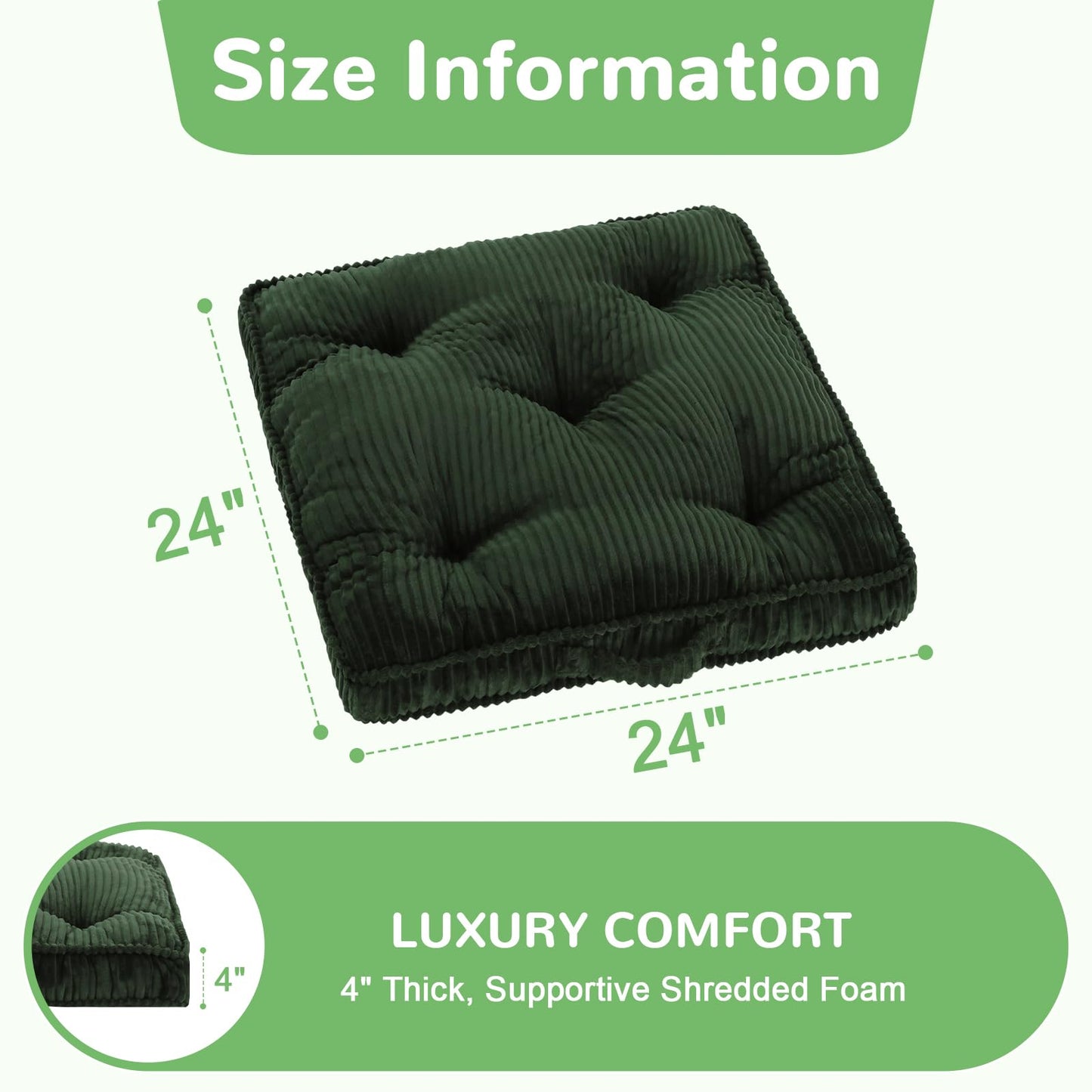 PRIMEPATIO Floor Pillow, 24x24 Tufted Floor Cushion for Adults, Square Large Meditation Cushion Pillow, Green Corduroy Sitting with Handle, Yoga Seating for Tatami, 1Pack