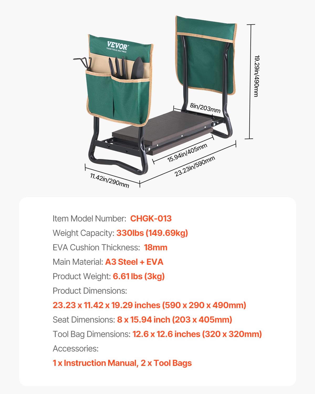 VEVOR Garden Kneeler and Seat, 330 lbs Load Capacity, 8" EVA Wide Pad, Foldable Garden Stool, Kneeling Bench for Gardening with Tool Bag, Gifts for Women, Grandparents, Seniors, Mom and Dad