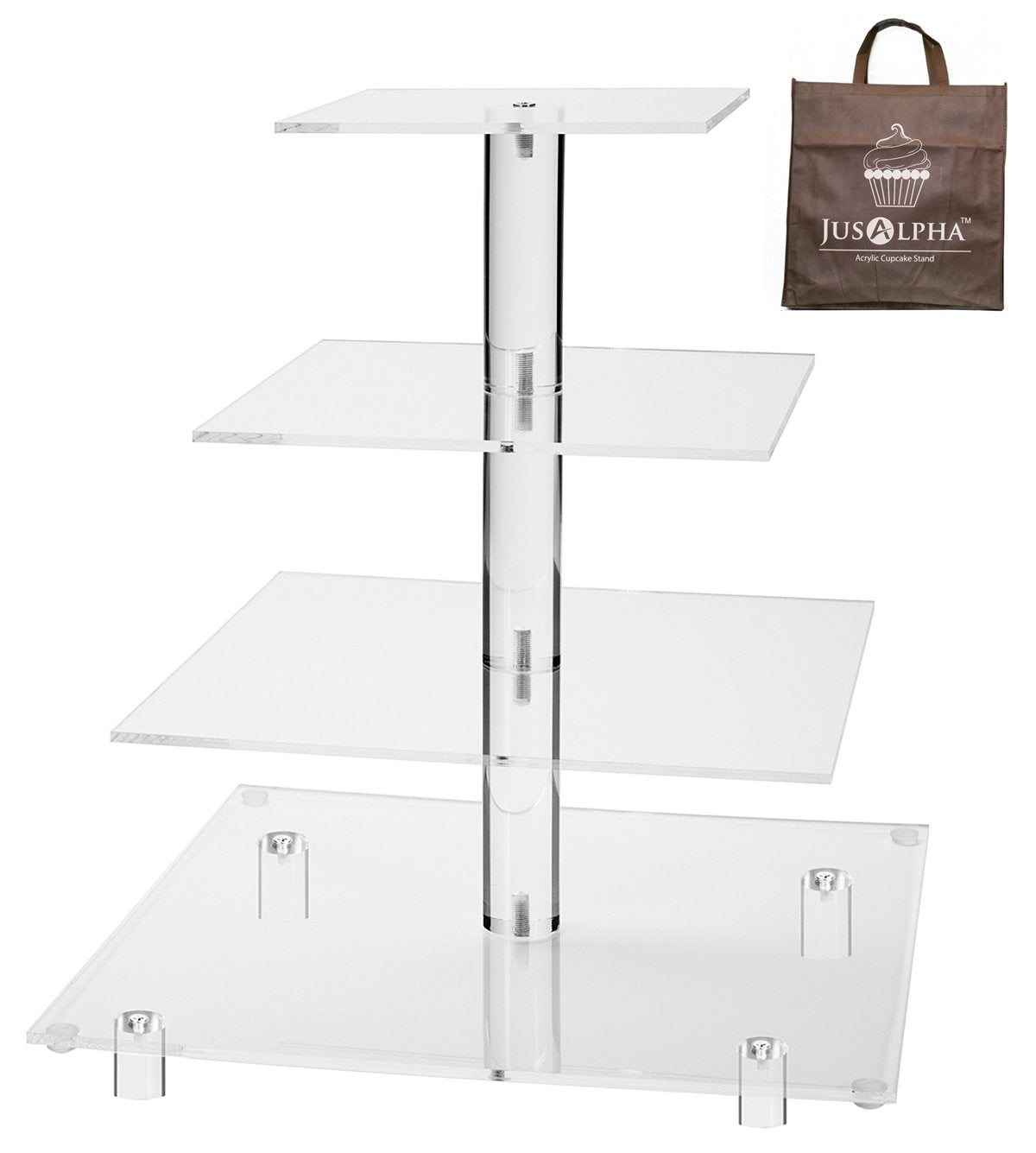 Jusalpha Large 4 Tier Cupcake Stand Square Acrylic Cupcake Tower Stand for Dessert, Pastry, Serving Platter-Candy Bar Party Décor and Supply(with Rod Feet) (4SF-V2)