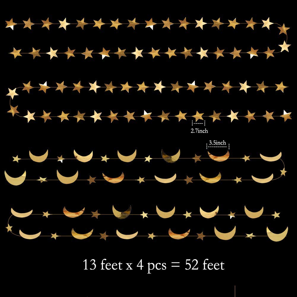 Decor365 Gold Moon Star Garland Ramadan Decorations Twinkle Little Star Two the Moon Birthday Party Decoration Whimsical Decor Starry New Year Eve Banner Hanging Stars Baby Shower EID Muburak Decor