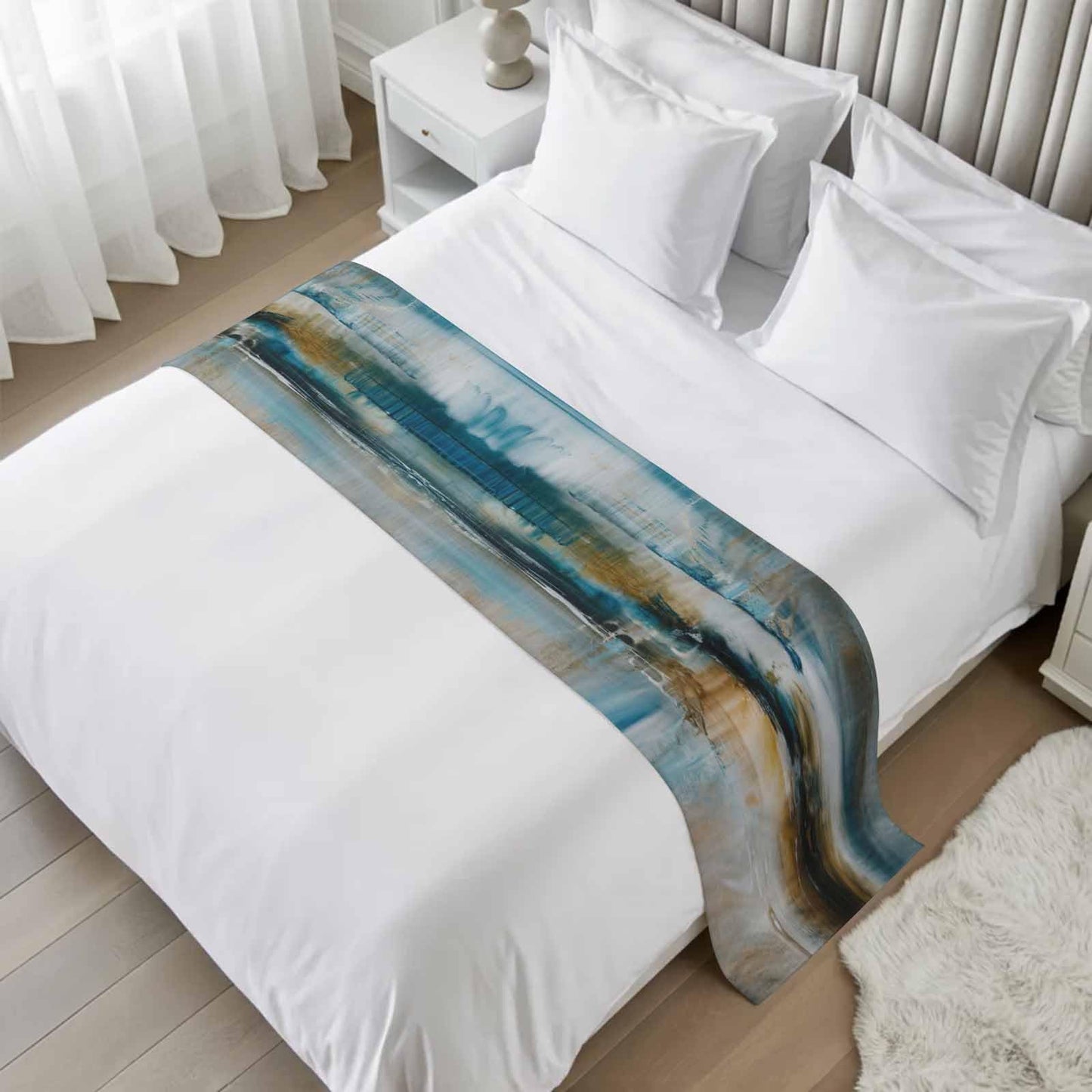 ZFUNCING Abstract Mottled Turquoise Green Gray Art Bed Runners for Bedroom Hotel,Decorative Bedding Scarf Retro Painting Bed End Blanket Bedding Runner Scarves for Queen Size Bed,94x20in