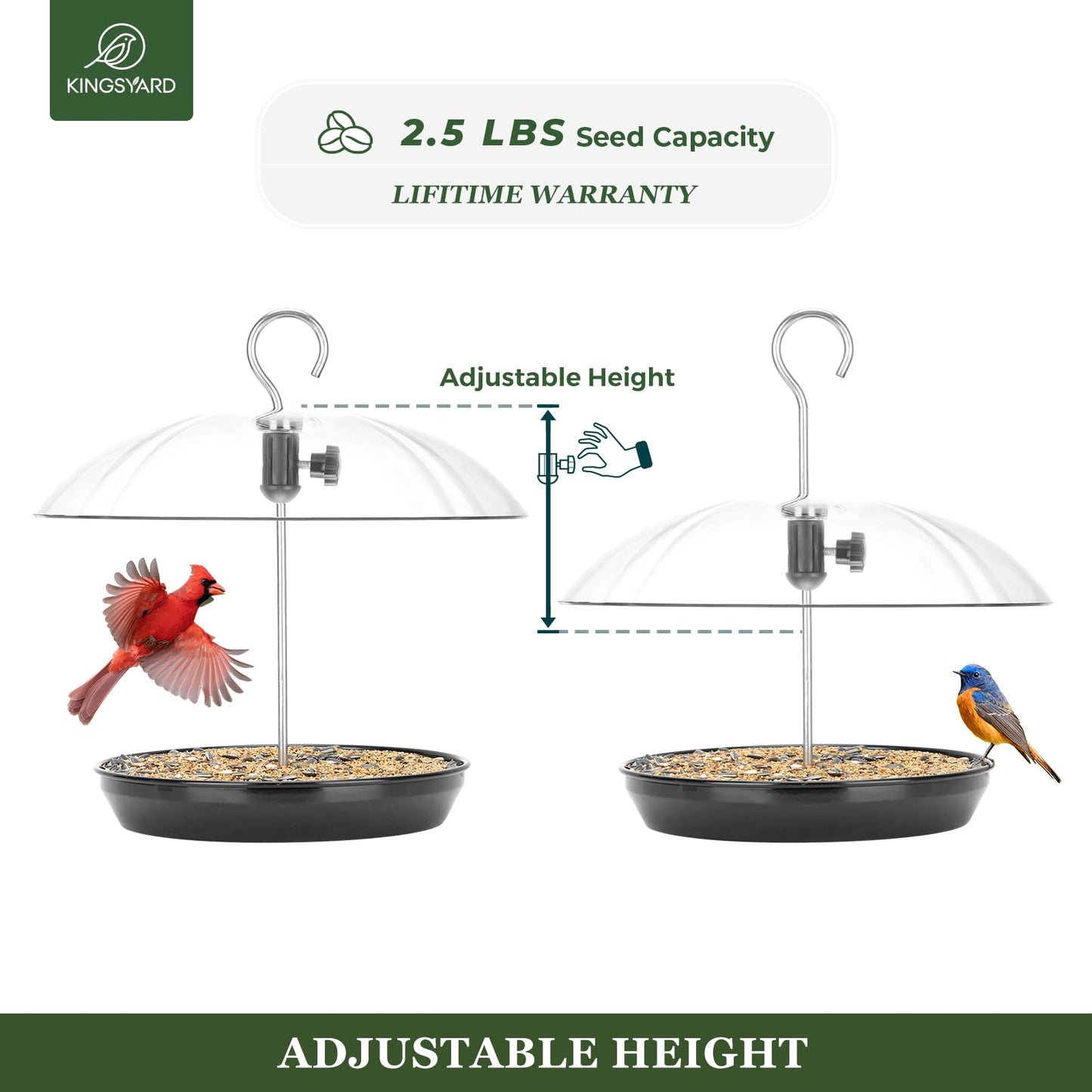 Kingsyard Adjustable Platform Bird Feeder for Outdoors, Hanging Metal Seed Tray with Clear Rain Proof Dome, Large Capacity for Wild Bluebird Cardinal Dove Mealworm, Black