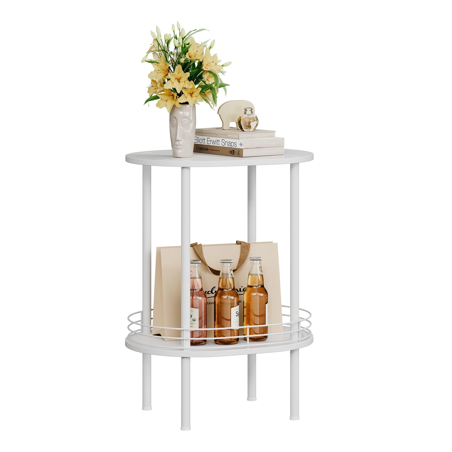 Small Modern Oval Side Table with Storage,2-Tier Side Tables Living Room,Sturdy Nightstand for Small Space - Living Room, Bedroom, Bathroom, Nursery (1PC,White)