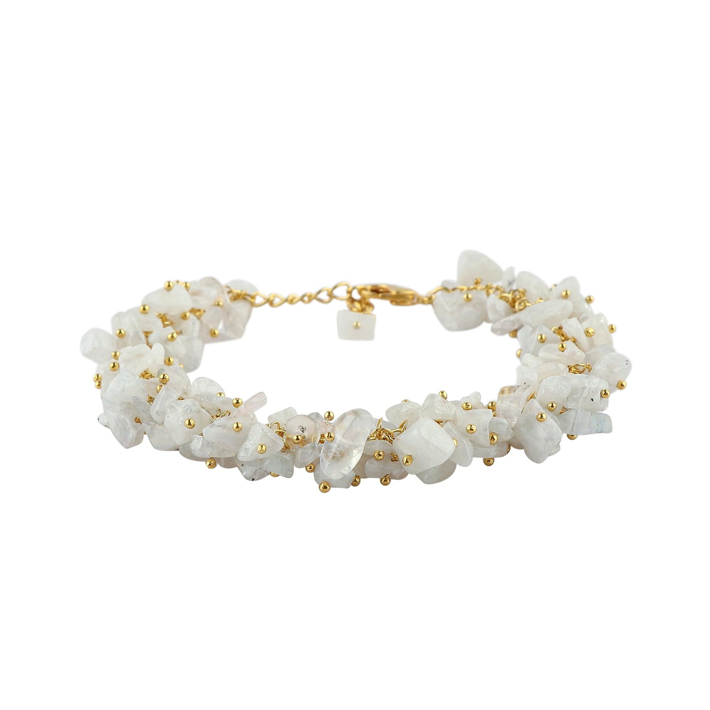 CRYSTALINES Natural White Moonstone Gemstones Cluster Bracelet, Handmade Bohemian Jewelry, Chips Nuggets Beads Stones, Healing Crystals, 14K Gold Plated Chain, Christmas Gift for Women, 8inch