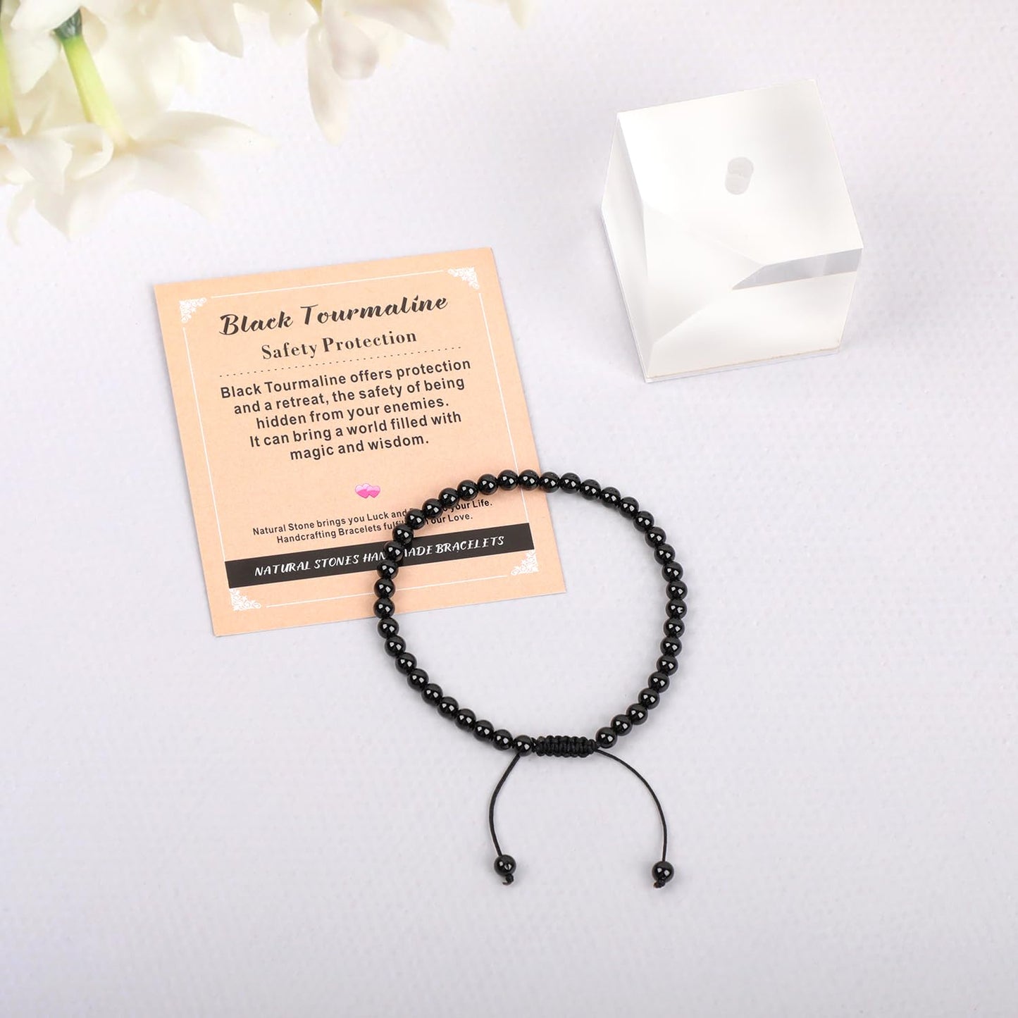 AD Beads 4mm Black Tourmaline - Best protection - Handmade Natural Stone Crystal Bracelet with Adjustable Macrame String - Yoga Healing Power Energy Gifts for Men and Women
