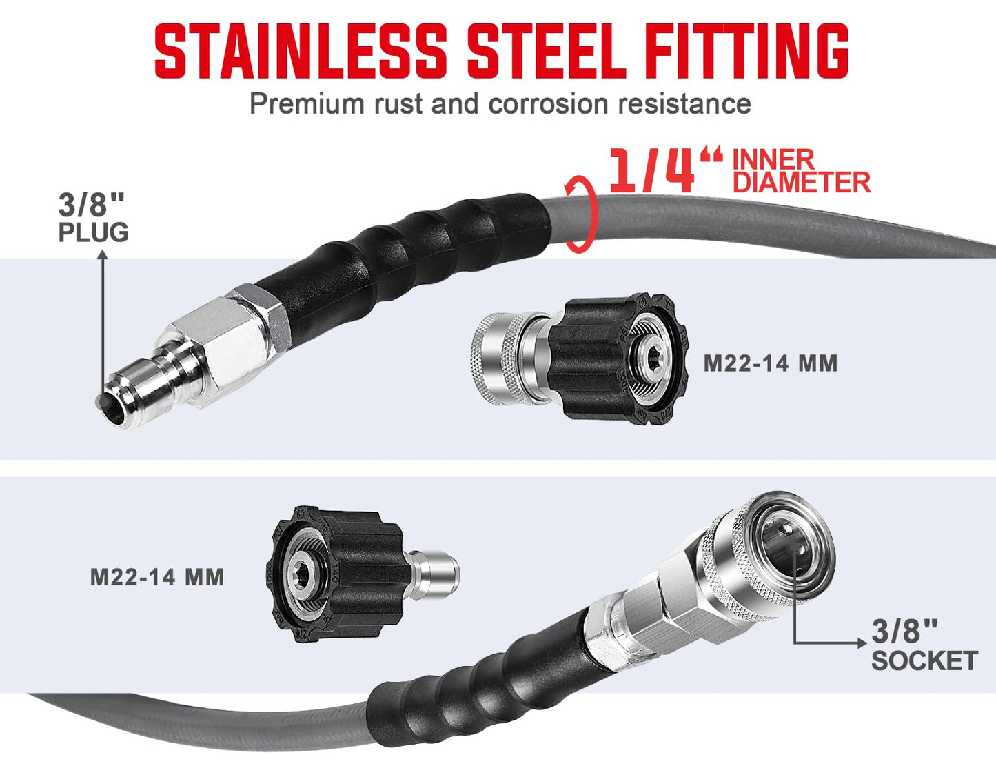 YAMATIC 1/4" ID Pressure Washer Hose 100FT with Stainless Steel Swivel 3/8" Quick Connect, 3/8" x M22-14mm Adapters, Non-Marking 4200PSI Steel Wire Braided Replacement for Hot/Cold Water Power Washers