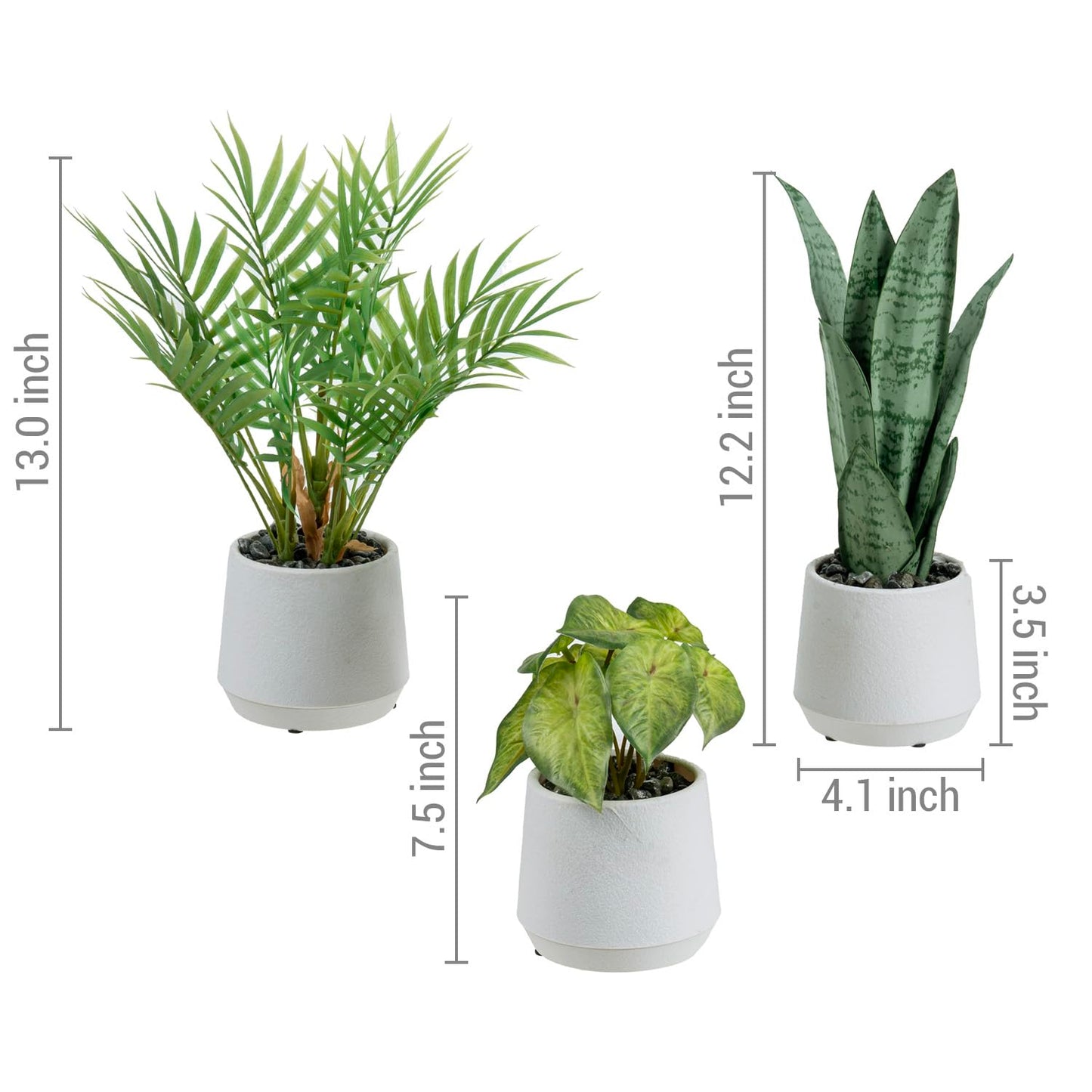 MyGift Modern Assorted Artificial Plants Potted in White Textured Planter Pots, 3 Piece Combo Set Tabletop Greenery House Plant Includes Faux Mini Palm, Arrowhead Vine, and Snake Plant