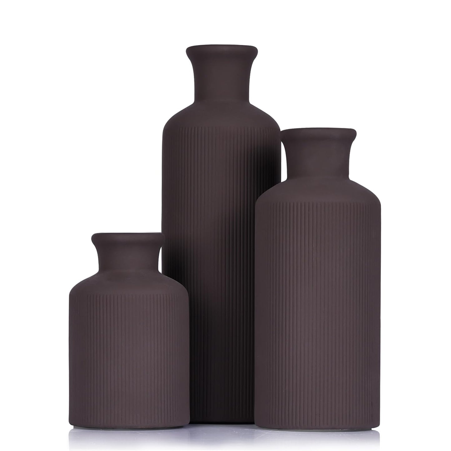 Brown Ceramic Vase Set of 3 – Small Flower Vases, Modern Farmhouse Boho Flower Vases for Home Decor, Rustic Pottery Vases for Centerpieces, Living Room, Shelf, Fireplace, Entryway Decor, Table