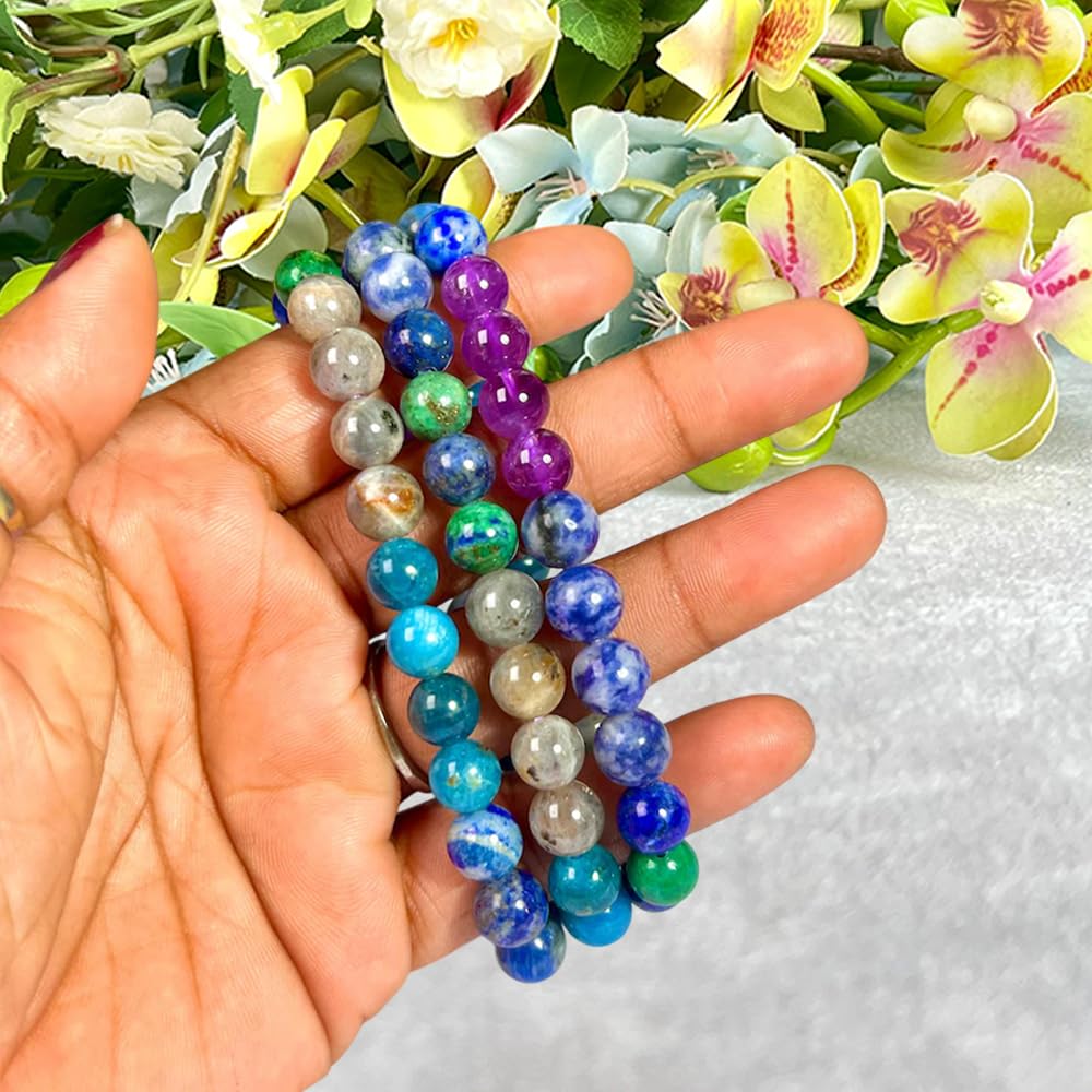 Crystal Treasure Third Eye Chakra Crystals Sodalite,Amethyst,Himalayan Quartz,Azurite Malachite,Rhyolite,Blue Aventurine Stone Round Beaded Stretchable Bracelet