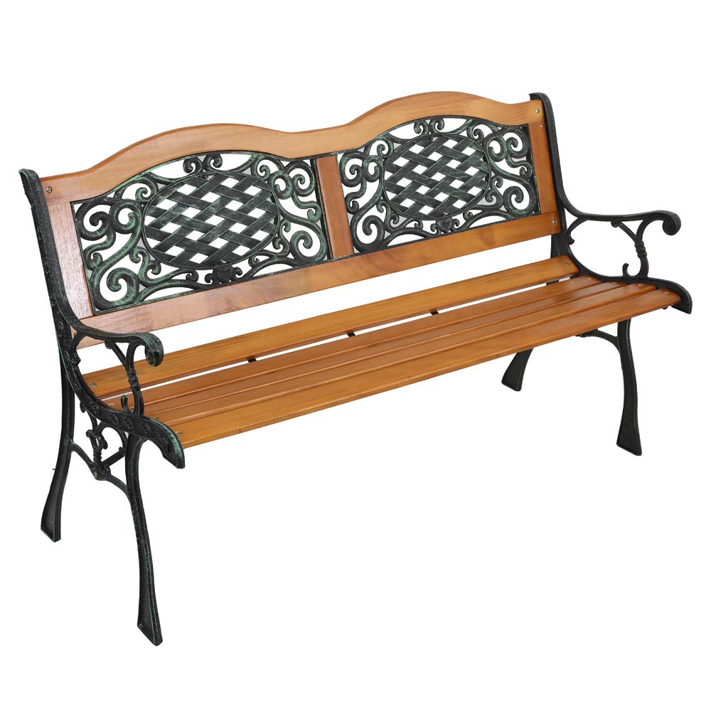VINGLI Classic Cast Iron & Teak Arched Back Rectangular Outdoor Bench, 3-Seater, 470 lbs Capacity, Easy Assembly, Weather Resistant, 49.5" W x 20.5" D x 29" H