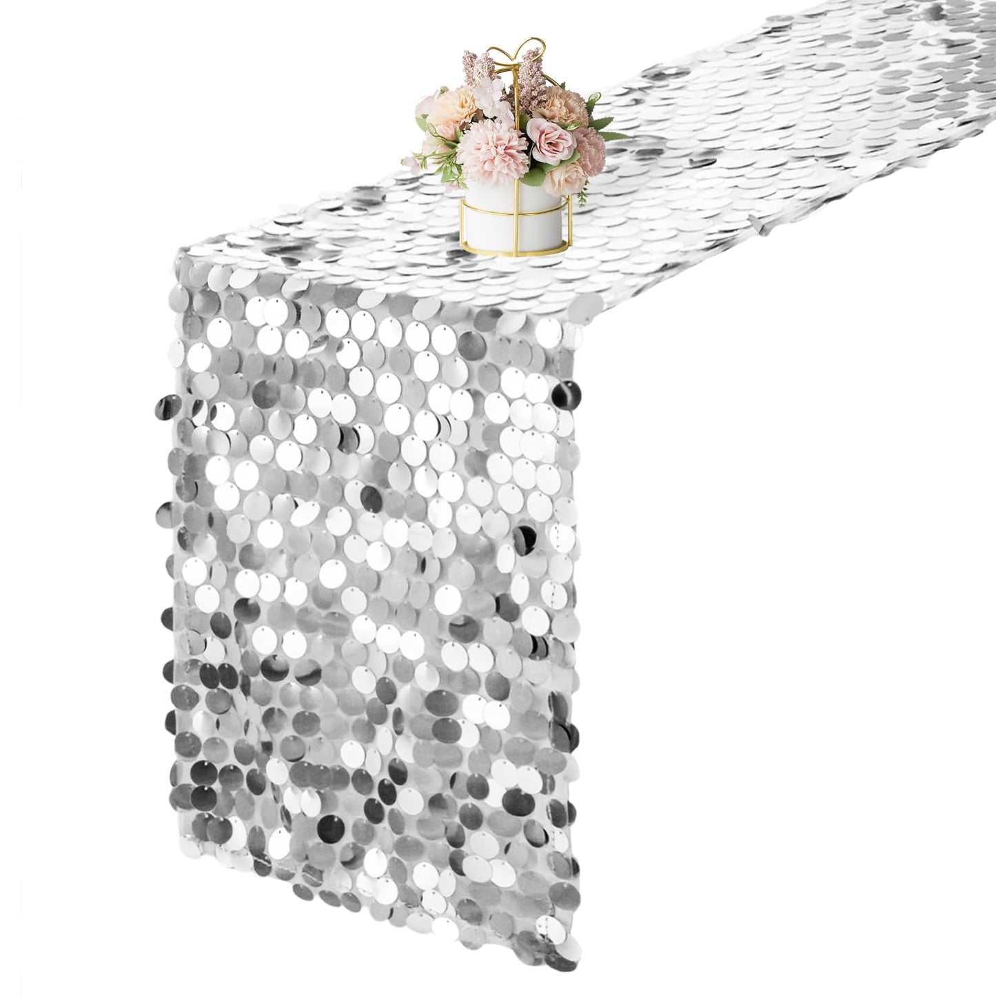 Yblut 12 x 108 Inch Silver Sequin Table Runner Glitter Rectangle Big Sequin Table Runner for Wedding Party Birthday Christmas Halloween Decoration (1 Pack)