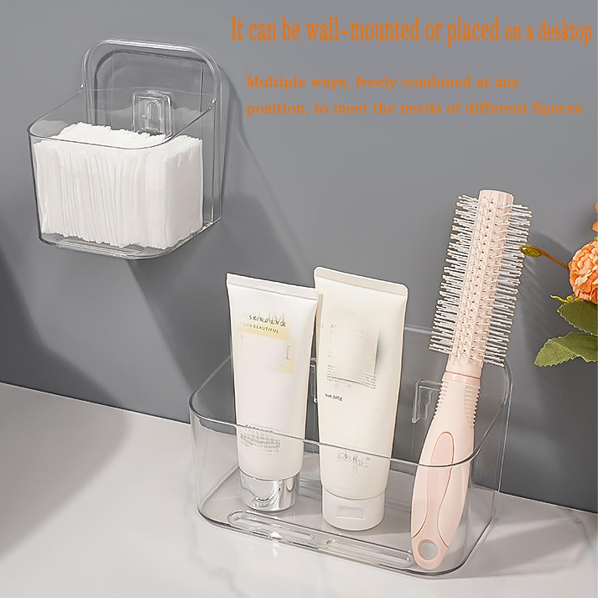 Adhesive Wall Mount Organizer Box,Acrylic Shelves for Wall,No Drilling Hang Walls,with Self Adhesive Tape,Automatic Draining for Bathroom, Kitchen, Living Room - Clear (Small)
