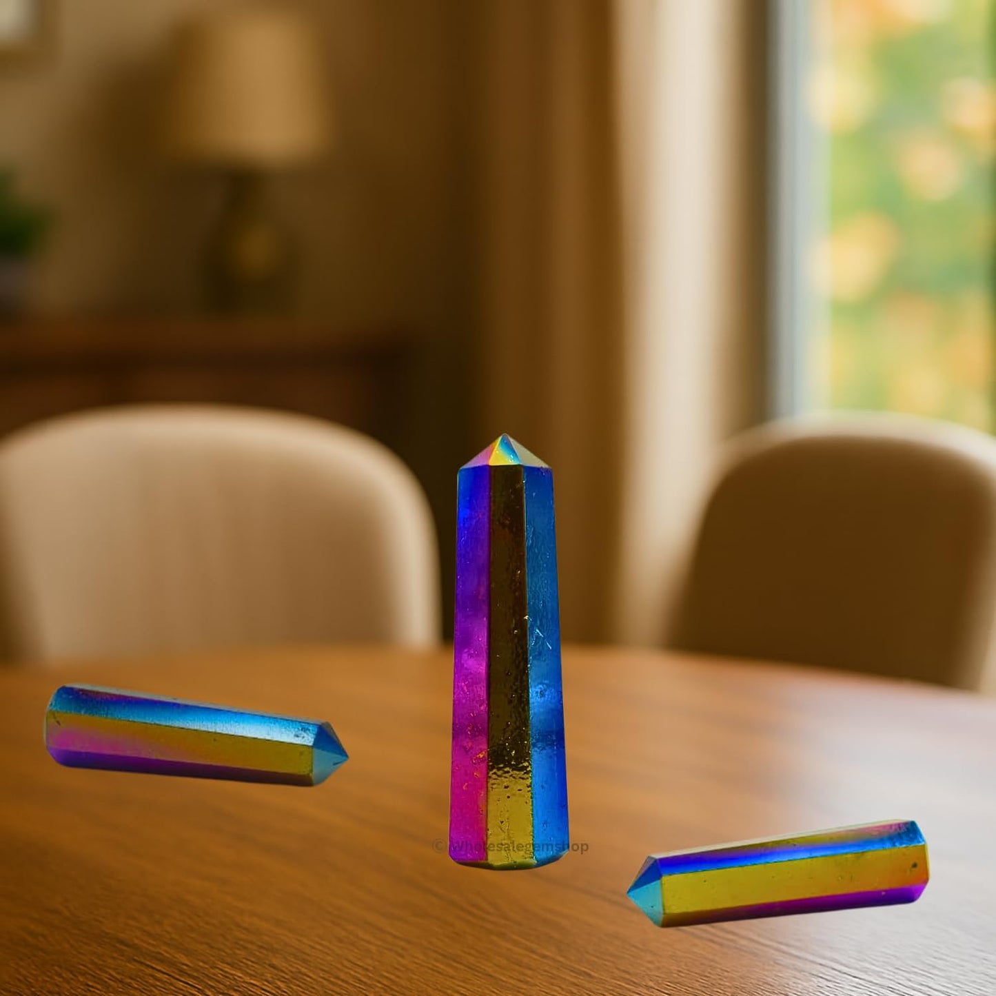 WholesaleGemShop 3 Inch Gemstones Titanium Aura Quartz Obelisk Tower Jumbo Facet Aura Rock Crystal Natural Polished Earth Wand Spirit