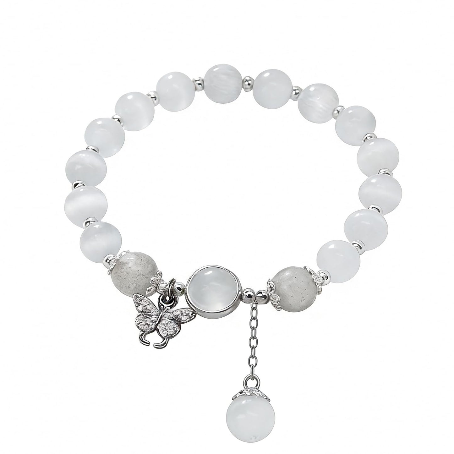 Buddha Stones Butterfly Bracelets for Women, 8mm Cats Eye Stone Bracelet with Gray Moonstone Labradorite Butterfly Charm Healing Crystal Beaded Bracelet Meditation Spiritual Jewelry Mothers Day Gifts