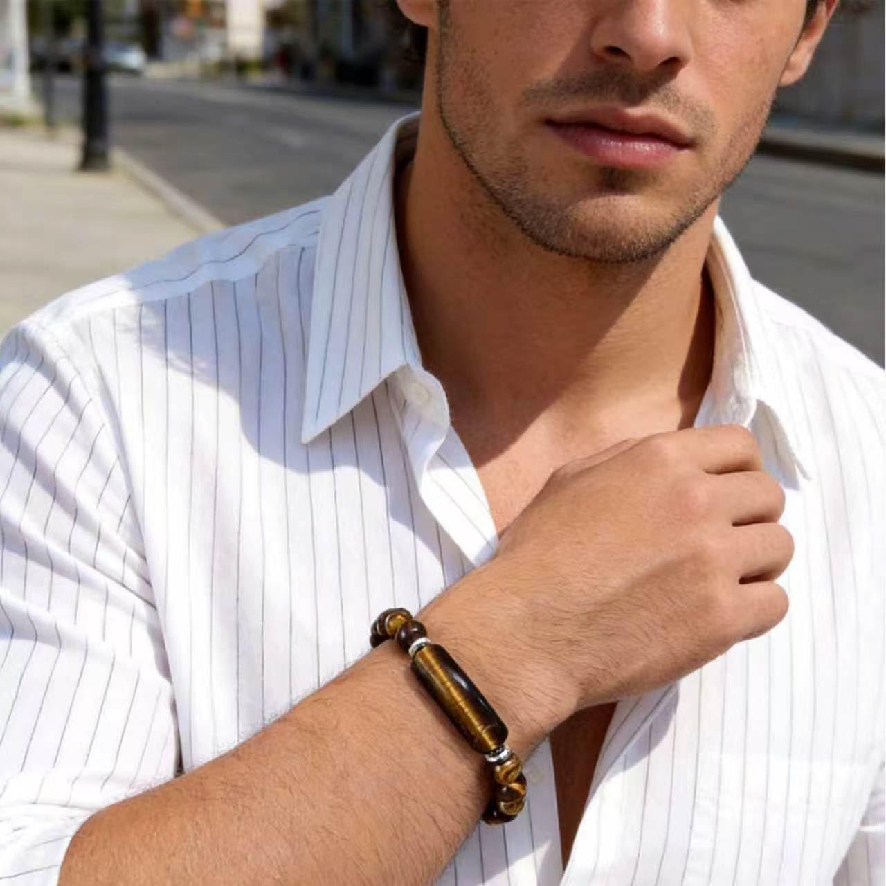 Kim Carrey Italian Tiger's Eye Mens Bracelet Stainless Steel Waterproof, Men's Bracelets Birthday Annivesary Gift for Him (Big Tiger's Eye Beads)