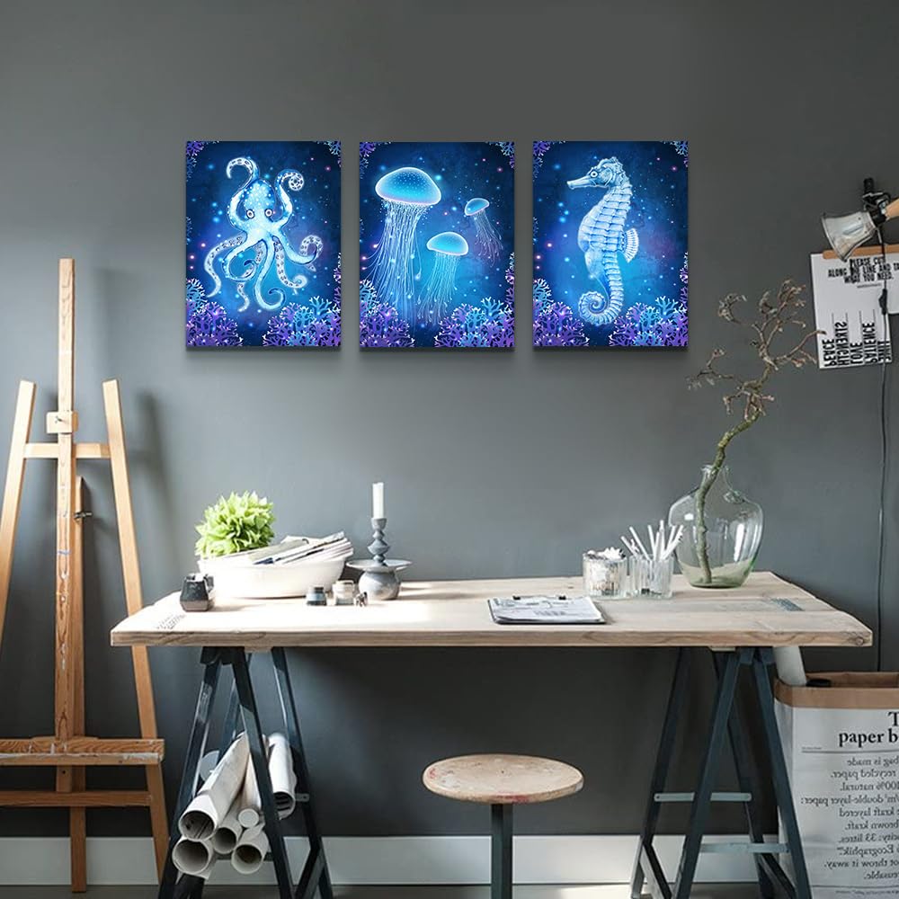 DZRWUBHS Wall Art Paintings For Bedroom Living Room Wall Decor Blue Ocean Life Theme Art Prints Wall Artworks Sea Animal Sea Horse Octopus Jellyfish Pictures Bathroom Home Decor Posters 3 Panels