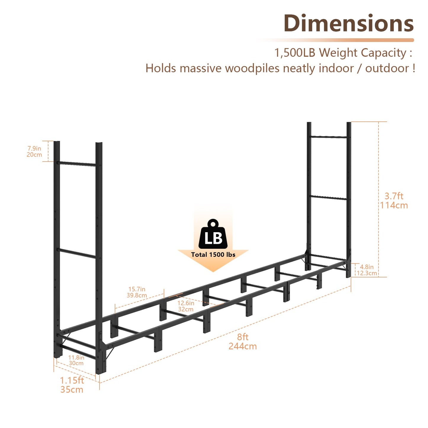 C-Hopetree 8Ft Outdoor Indoor Firewood Rack, Adjustable Metal Log Holder for Fireplace, Heavy Duty Wood Pile Storage Organizer Stacker Stand, Black