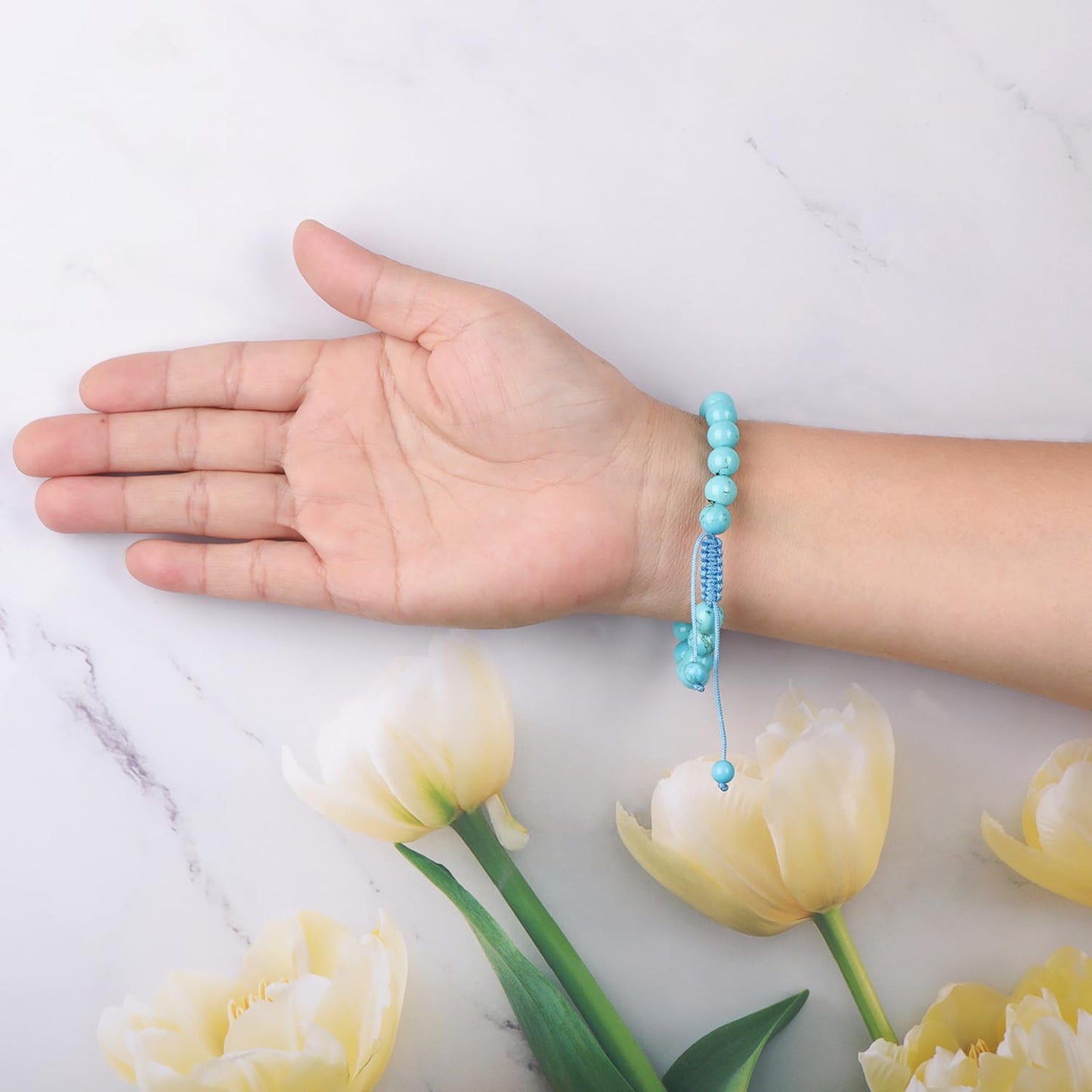 AD Beads 8mm Blue Turquoise - Wisdom - Handmade Natural Stone Crystal Bracelet with Adjustable Macrame String - Yoga Healing Power Energy Gifts for Men and Women