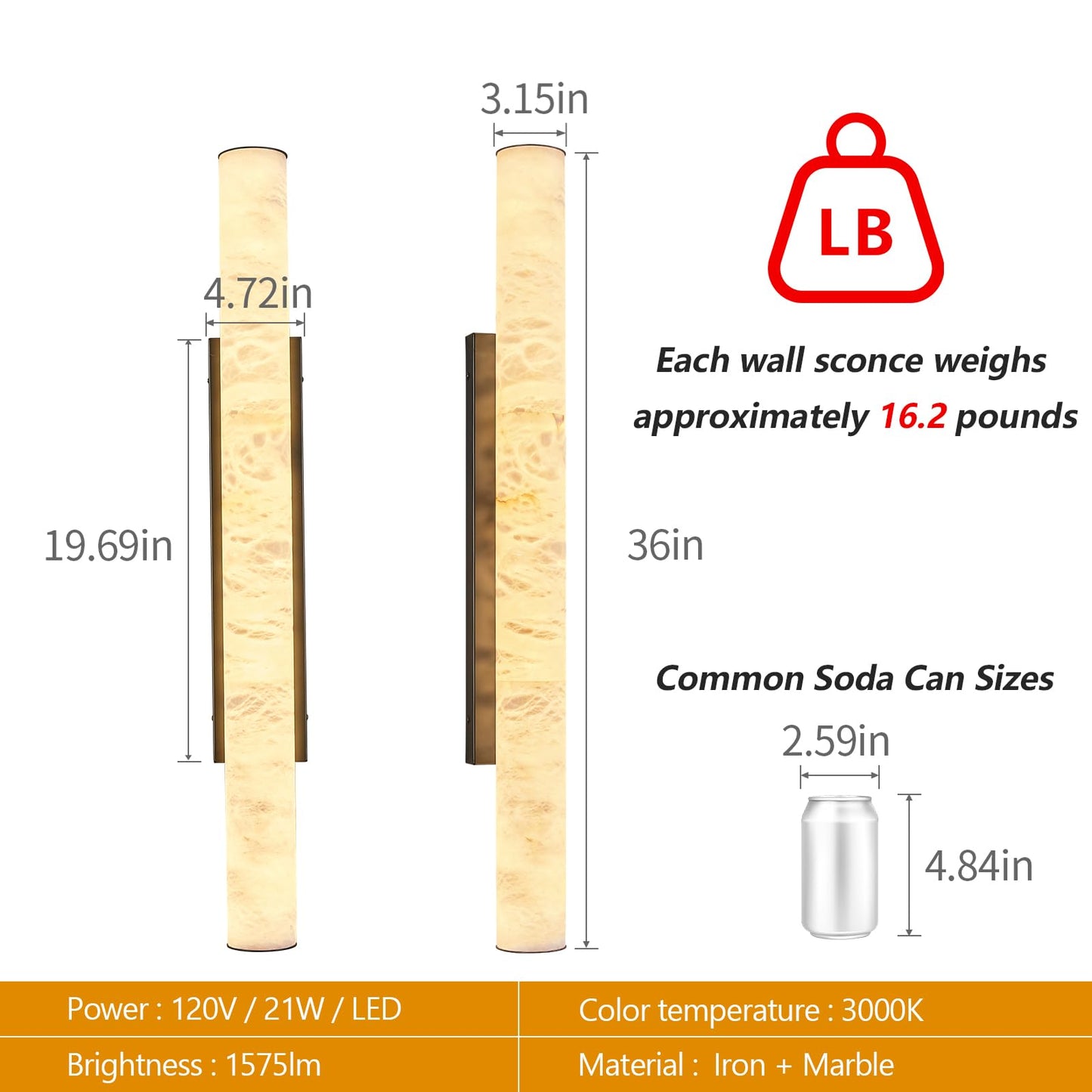 LMQNINE Natural Alabaster Wall Sconces Set of Two Spanish Marble Wall Light Cylinder Modern Black LED Sconce for Living Room Bedroom Bathroo Stairs（L-2Pack）