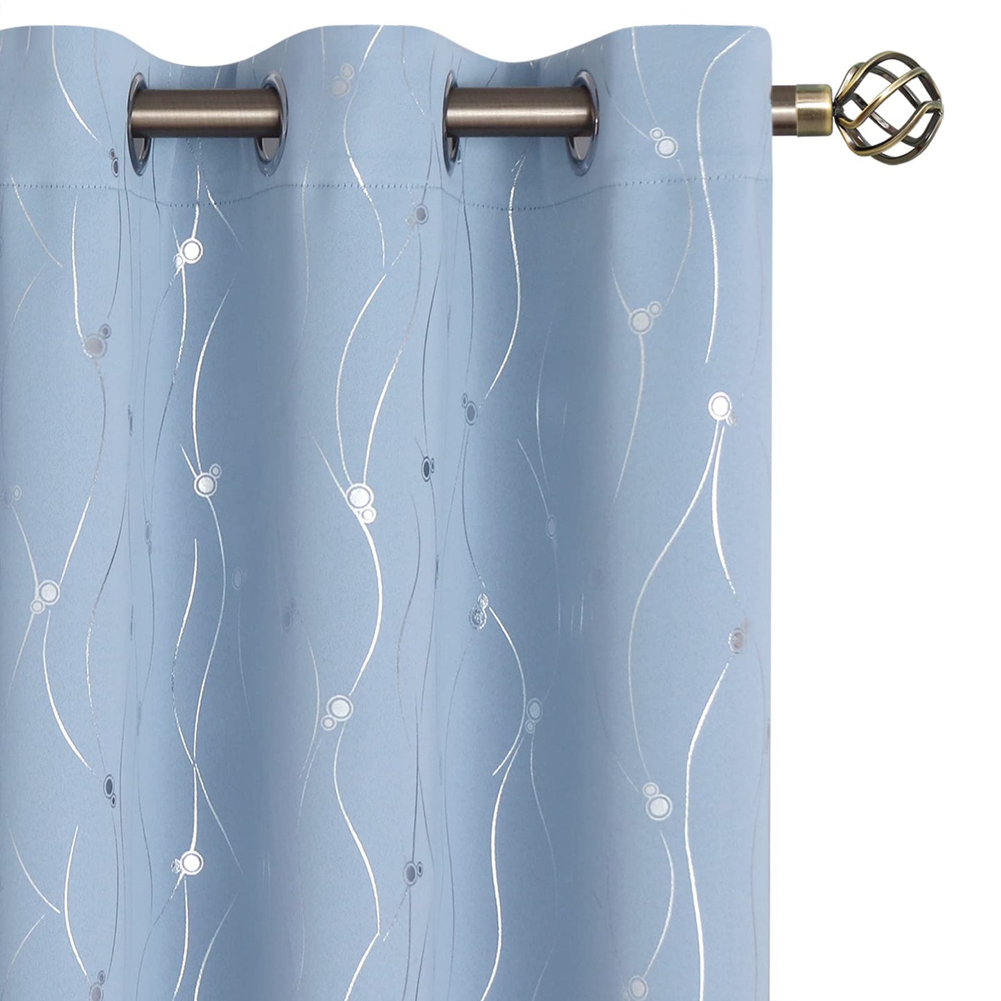 BGment Room Darkening Curtains 63 Inches Long, Grommet Thermal Insulated Blackout Curtains with Wave Line and Dots Printed for Bedroom, 2 Panels, Each 42 x 63 Inch, Light Blue