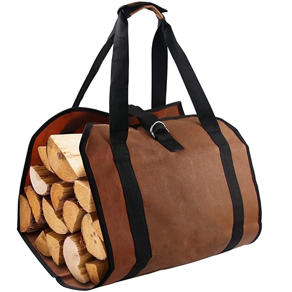 Firewood Carrier Log Bag Waxed Canvas Log Tote Bag for Indoor Fireplace Log Holders with Handle Large Fire Wood Carriers for Outdoor Fire Pit Fireplace Wood Stove Accessories Log Bag