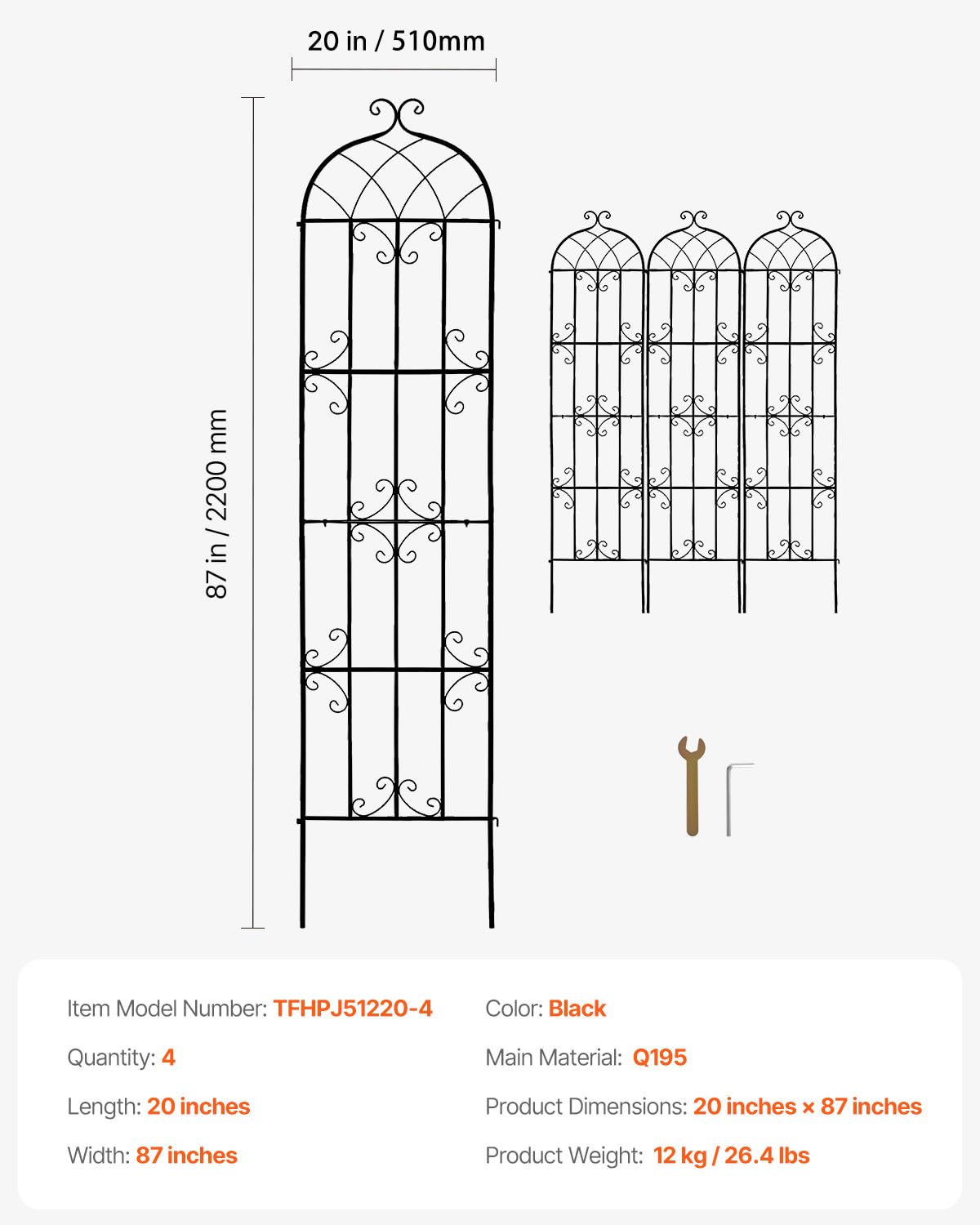 VEVOR Garden Trellis for Climbing Plants, 87 x 20 in, 4 Packs Rustproof Metal Garden Flower Rose Trellis, Outdoor Climbing Clematis Trellis Cucumbers Support for Courtyards Lawns