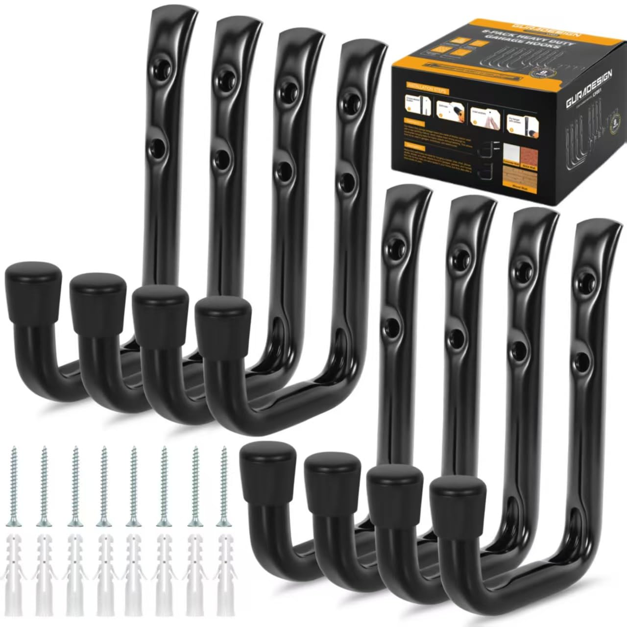 GURADESIGN 8-Pack Heavy Duty Garage Hook for Hanging 50 lbs, J Utility Hooks for Garage, Metal Wall Hooks Heavy Duty, Garage Hook for Hanging, Black